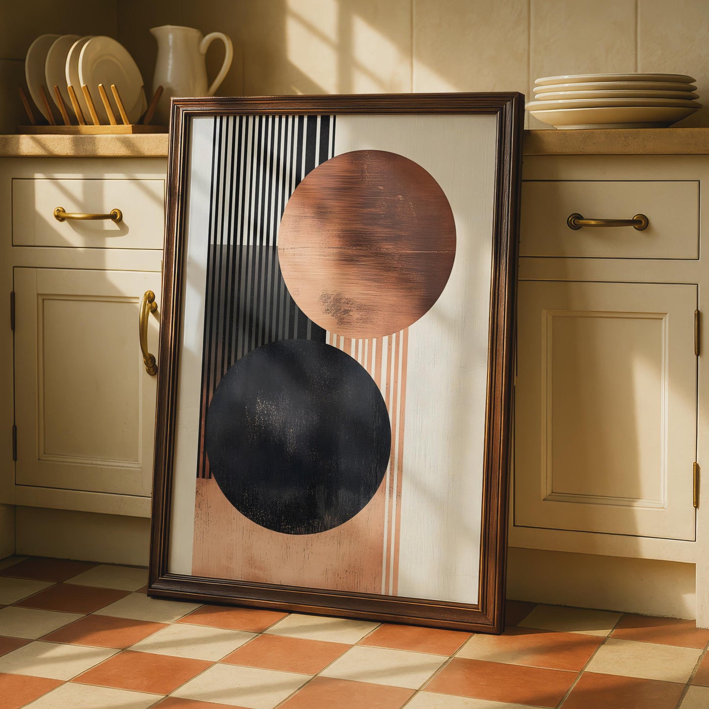 Boho Abstract Wall Art Print, Geometric Circles with Copper and Black, Modern Home Decor wall art print