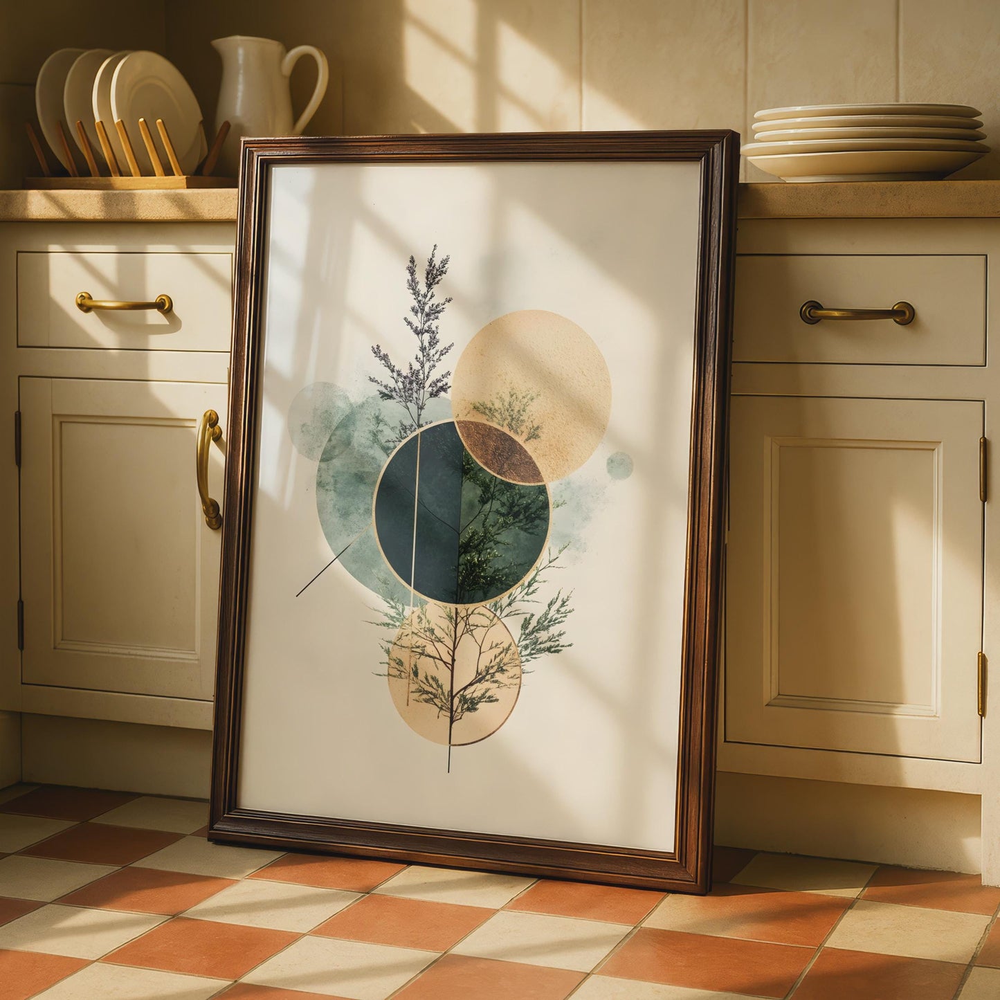 Boho Geometric Wall Art, Leafy Plant Print, Modern Abstract Decor, Circle Design Art Poster wall art print