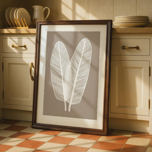 Boho Leaf Wall Art, Minimalist Nature Poster, White Feather Leaves, Earthy Brown Decor, Gallery wall art print