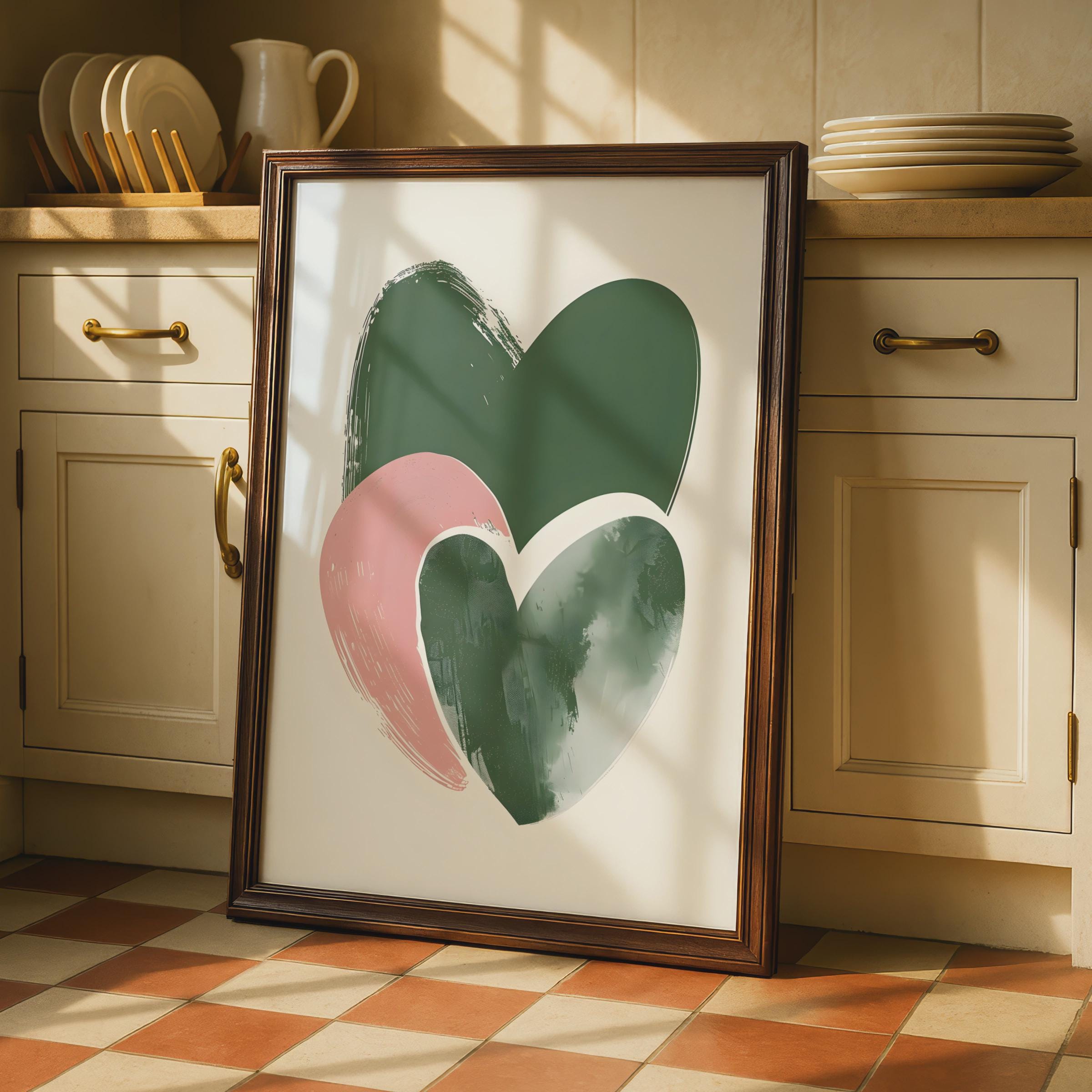 Boho Heart Wall Art, Abstract Modern Poster, Green and Pink Hearts, Minimalist Home Decor wall art print