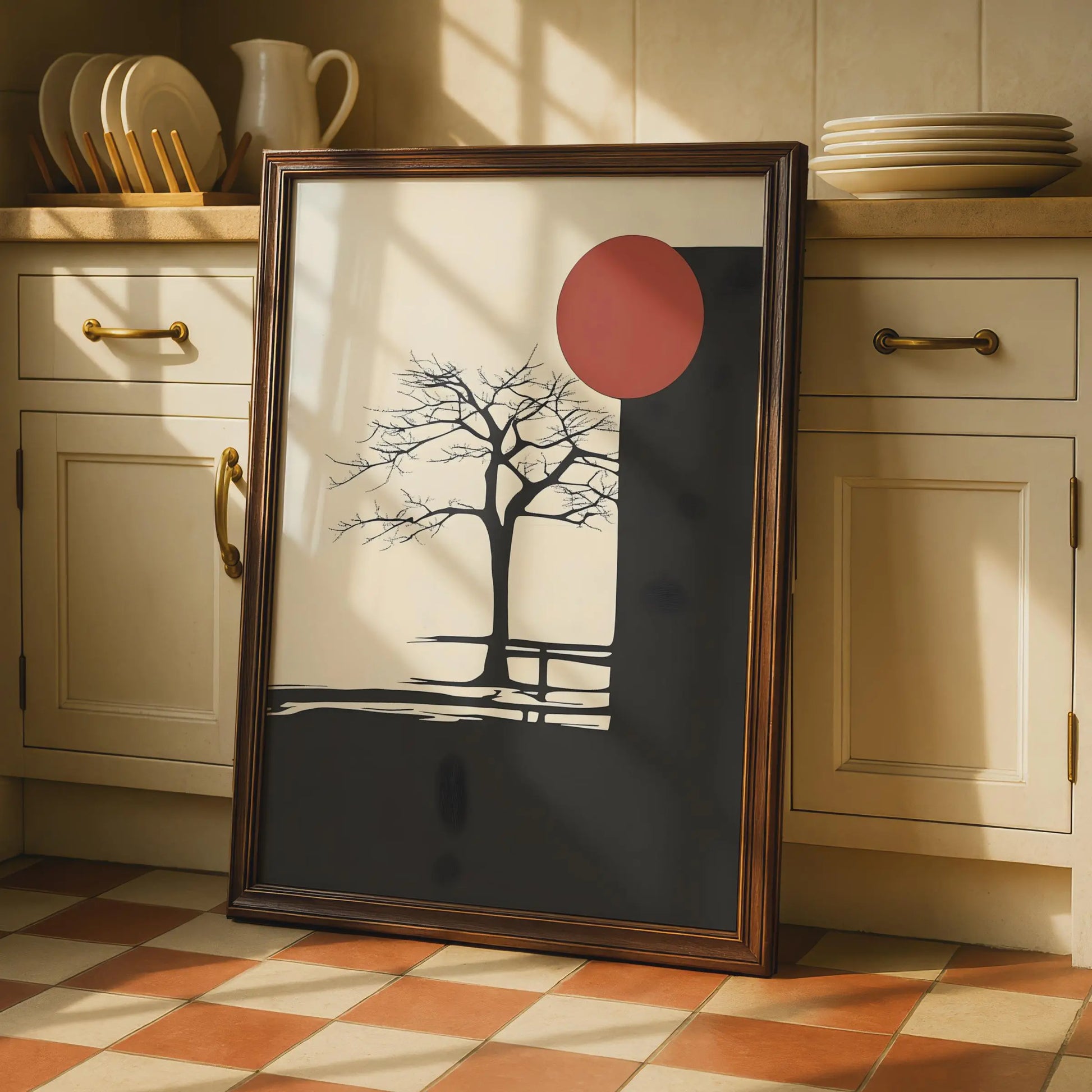 Minimalist Boho Tree Art Print, Abstract Nature Poster, Black Red Sun Wall Art wall art print