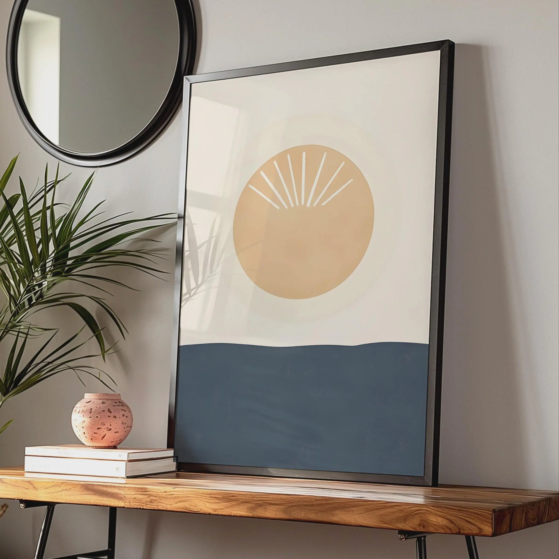 Minimalist Boho Sun Print, Beige Navy Abstract Scandinavian Poster wall art print