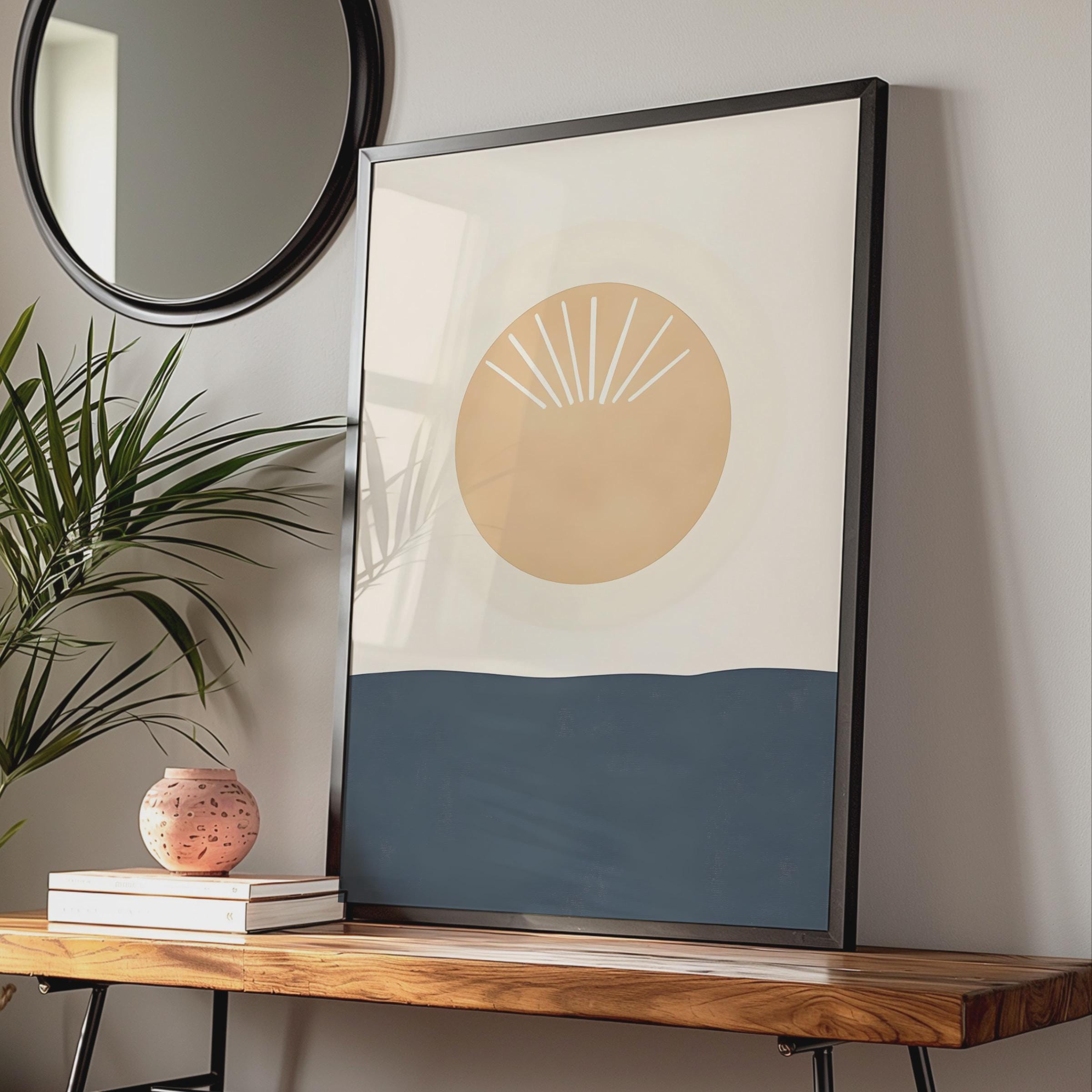 Minimalist Boho Sun Print, Beige Navy Abstract Scandinavian Poster wall art print