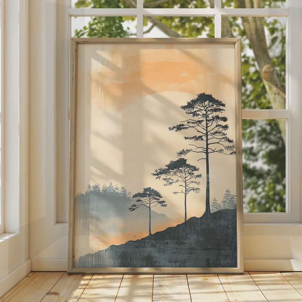 Boho Style Landscape Art Print, Minimalist Mountain Poster, Nature Wall Decor, Pine Trees Artwork wall art print