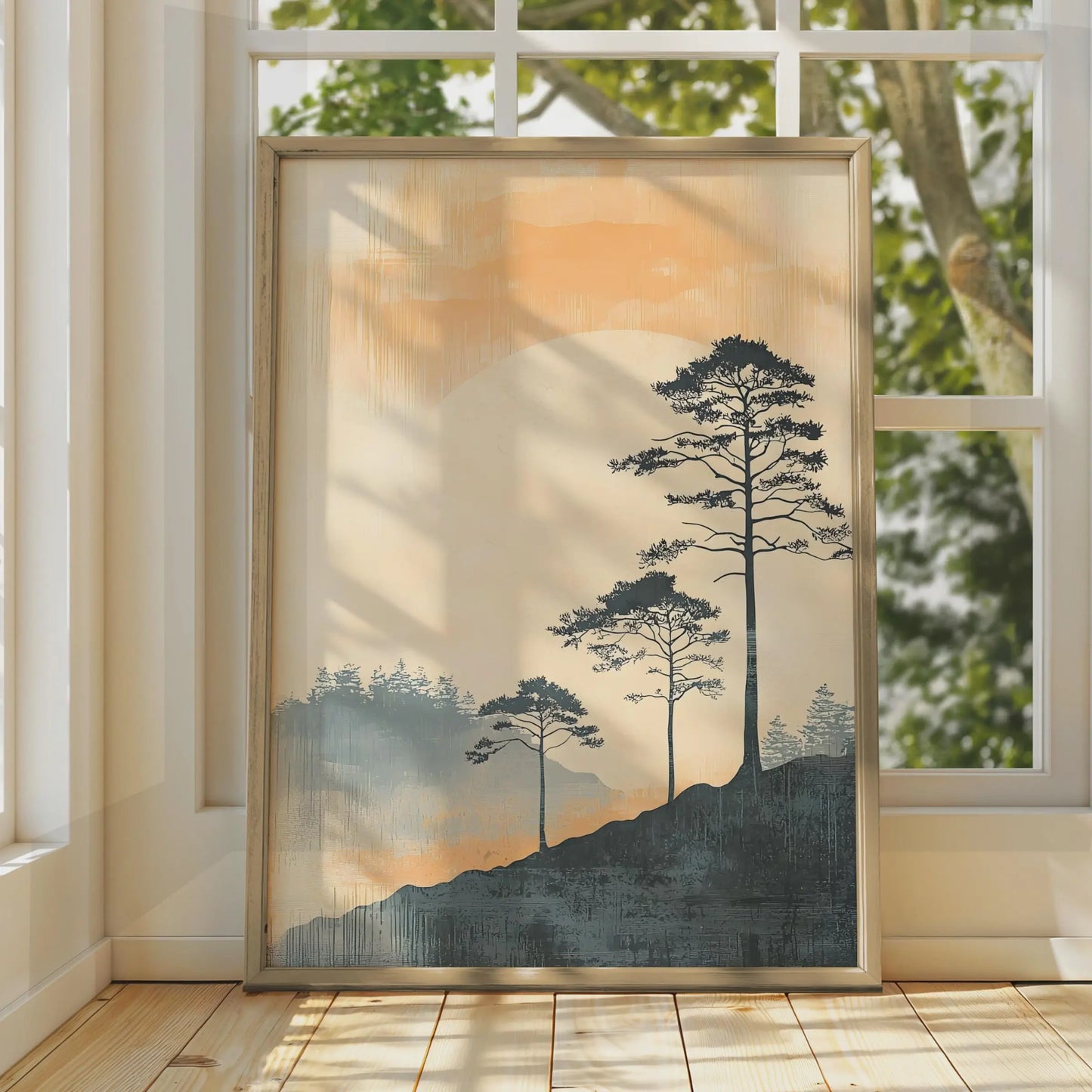 Boho Style Landscape Art Print, Minimalist Mountain Poster, Nature Wall Decor, Pine Trees Artwork wall art print
