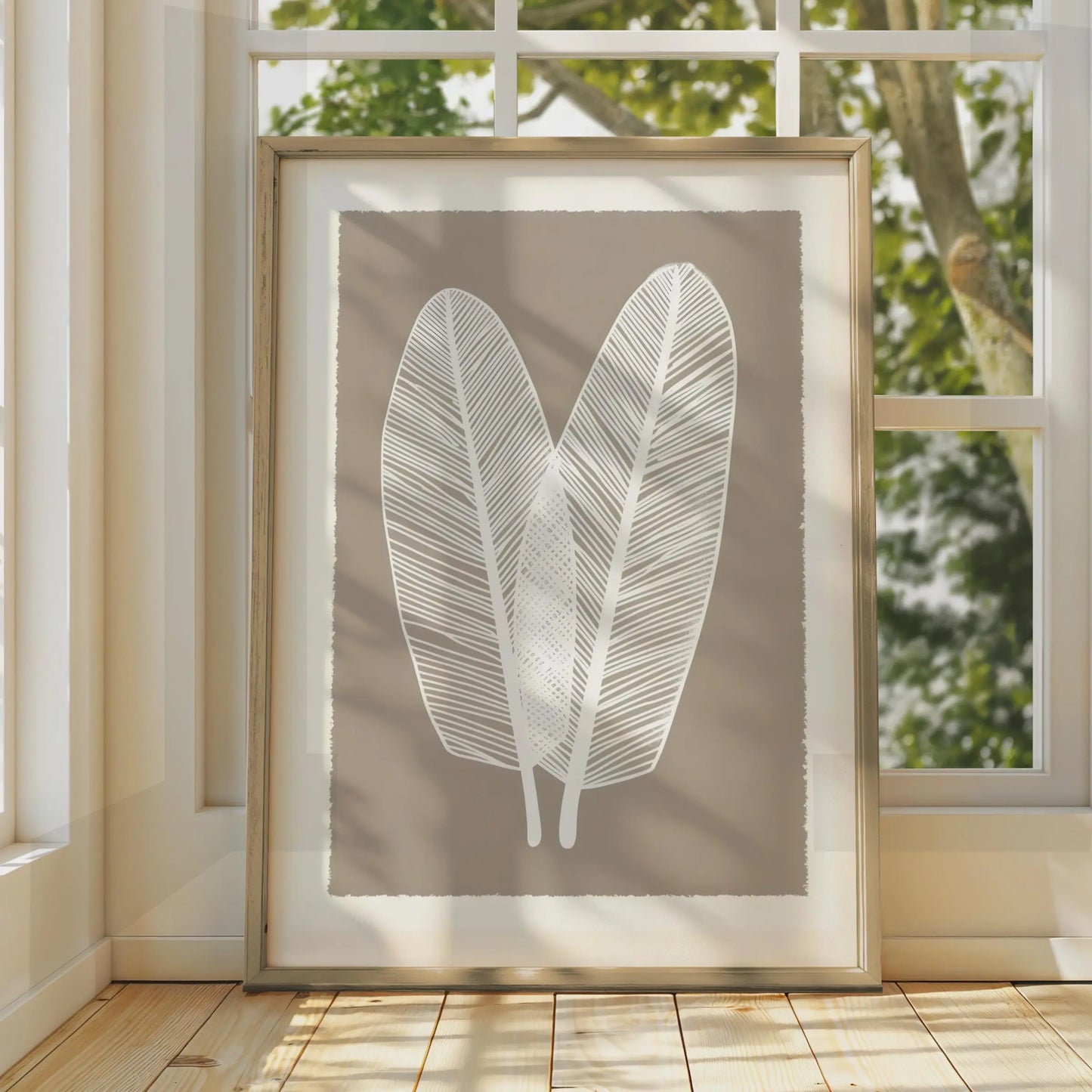 Boho Leaf Wall Art, Minimalist Nature Poster, White Feather Leaves, Earthy Brown Decor, Gallery wall art print