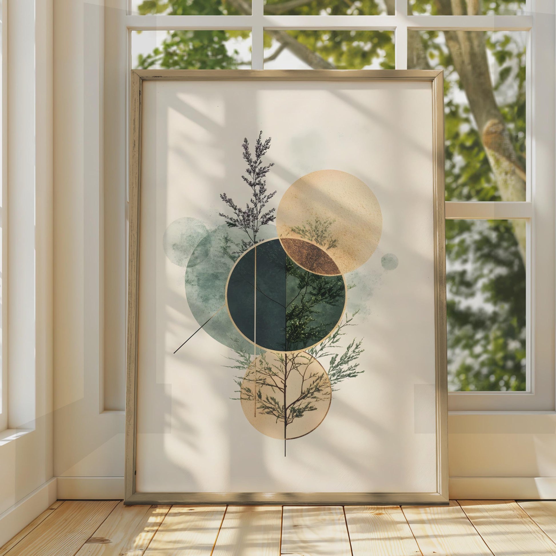 Boho Geometric Wall Art, Leafy Plant Print, Modern Abstract Decor, Circle Design Art Poster wall art print
