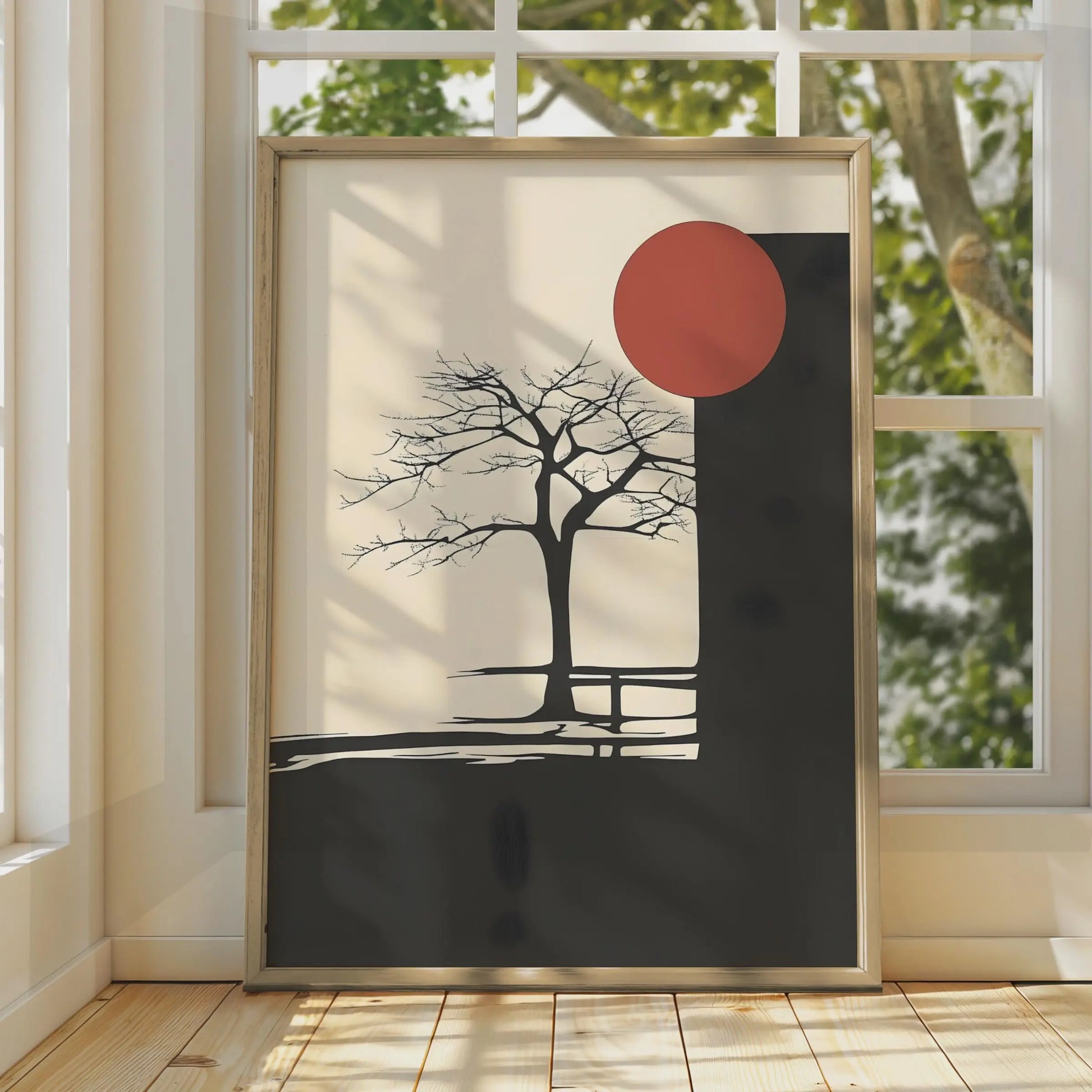 Minimalist Boho Tree Art Print, Abstract Nature Poster, Black Red Sun Wall Art wall art print