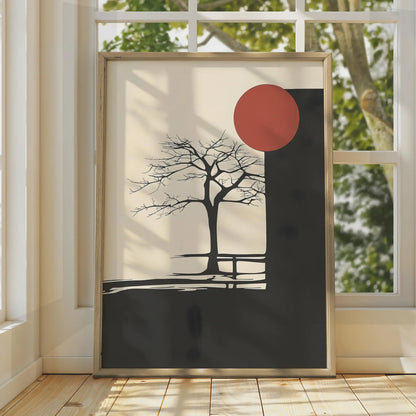 Minimalist Boho Tree Art Print, Abstract Nature Poster, Black Red Sun Wall Art wall art print