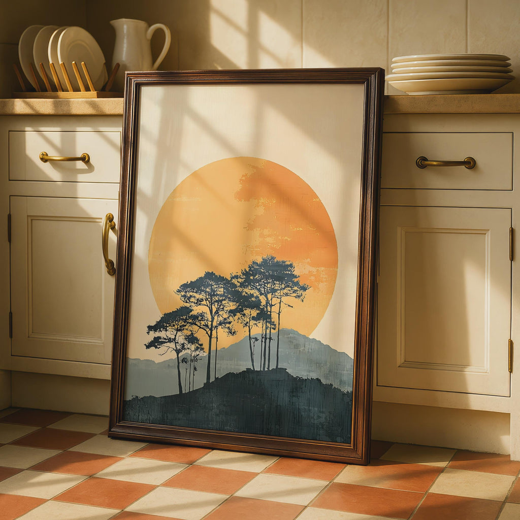 Minimalist Sun Trees Landscape Print, Boho Nature Wall Art wall art print