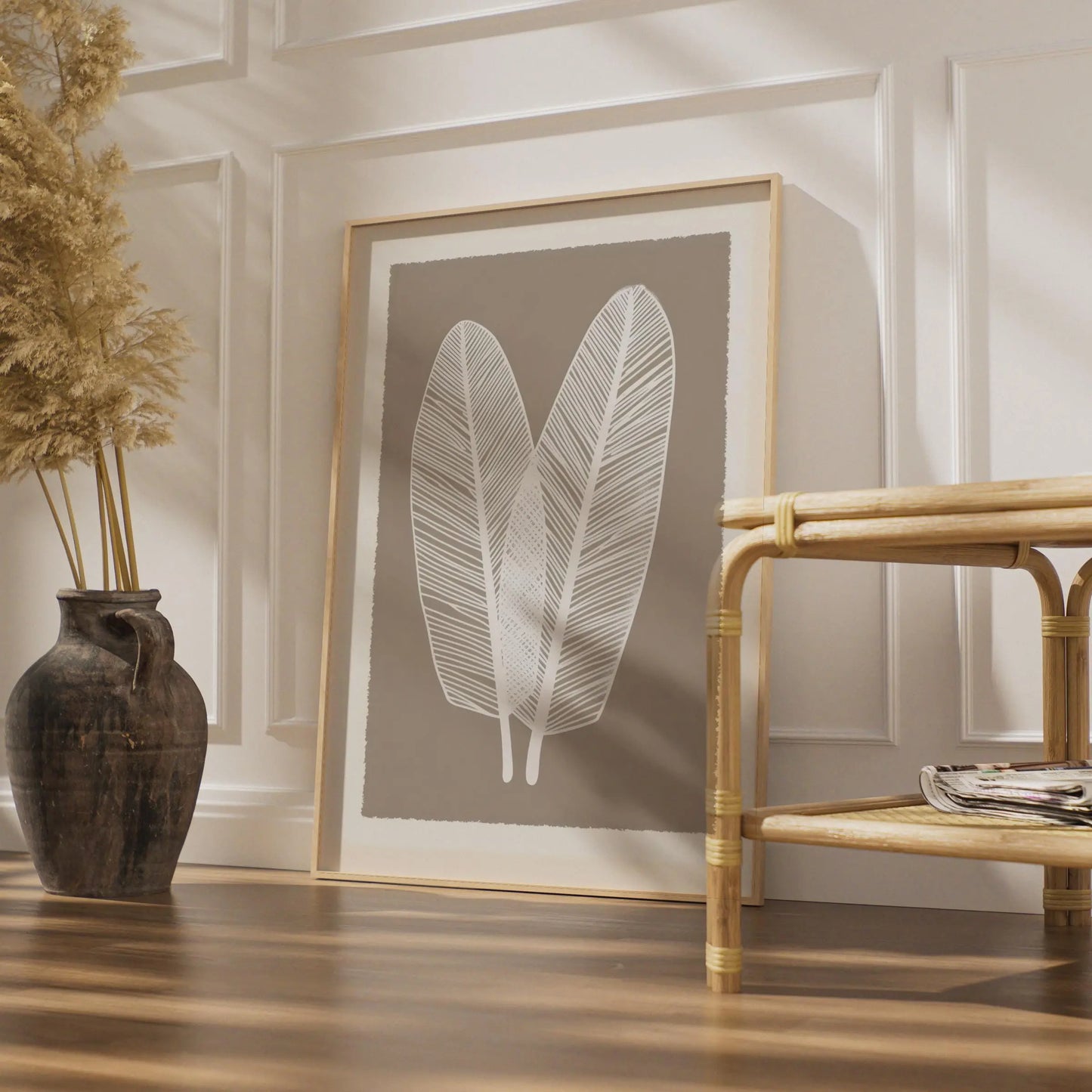 Boho Leaf Wall Art, Minimalist Nature Poster, White Feather Leaves, Earthy Brown Decor, Gallery wall art print