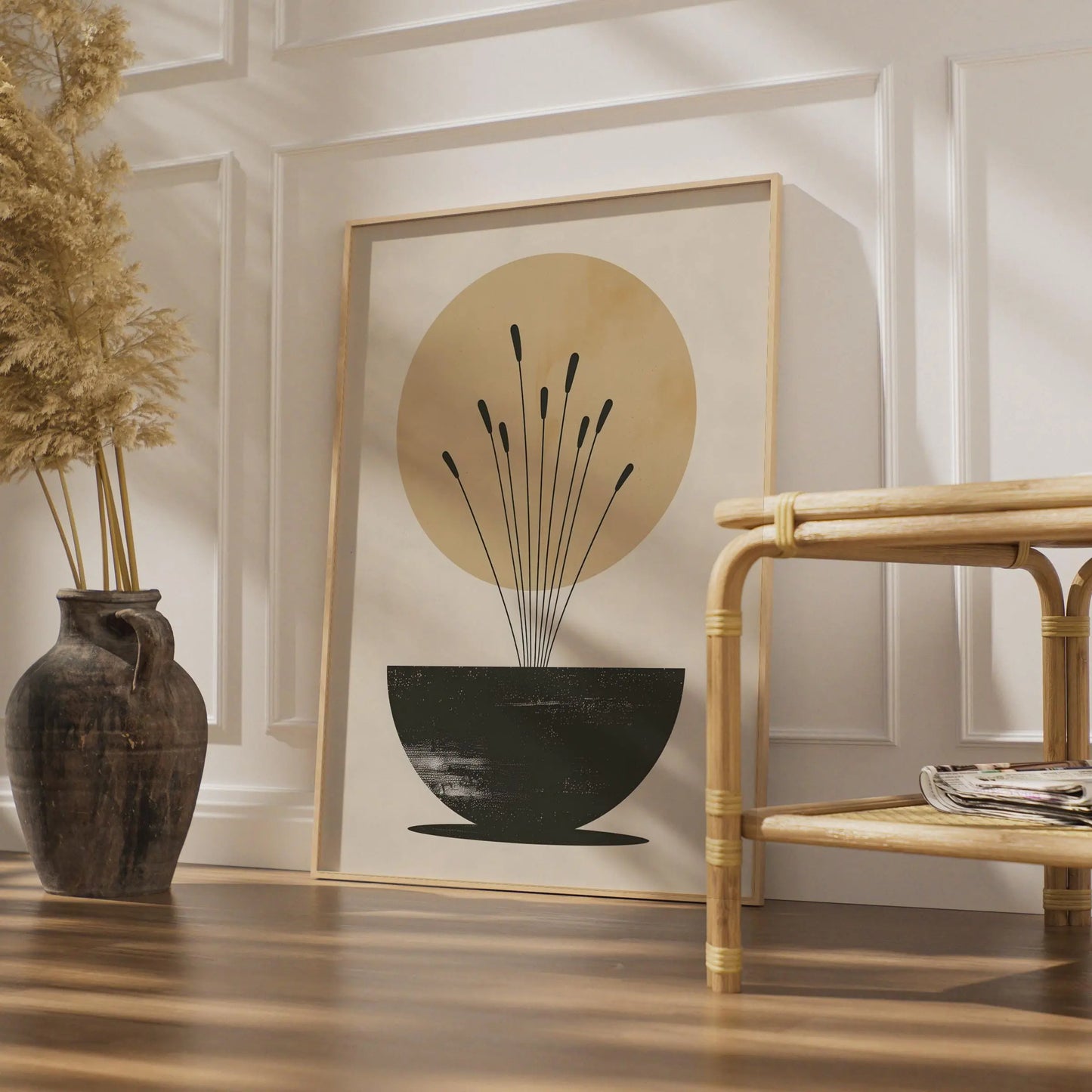 Boho Reed Stems Vase Print, Minimalist Wall Art, Neutral Beige, Abstract Botanical Poster wall art print
