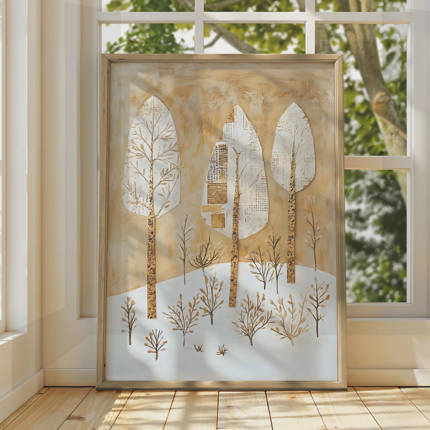 Boho Tree Wall Art, Abstract Nature Print, Gold White Beige Decor wall art print