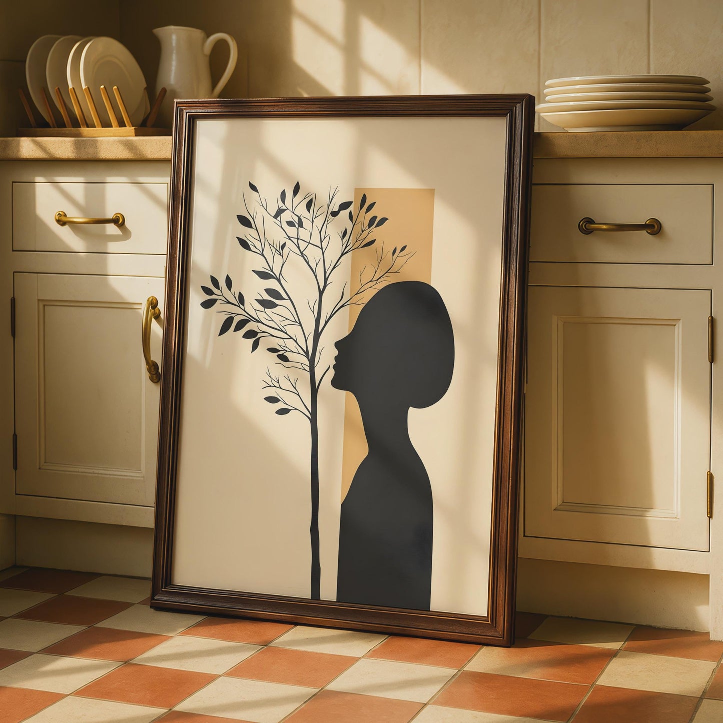 Boho Woman Silhouette Tree Art Print, Minimalist Neutral Wall Decor wall art print