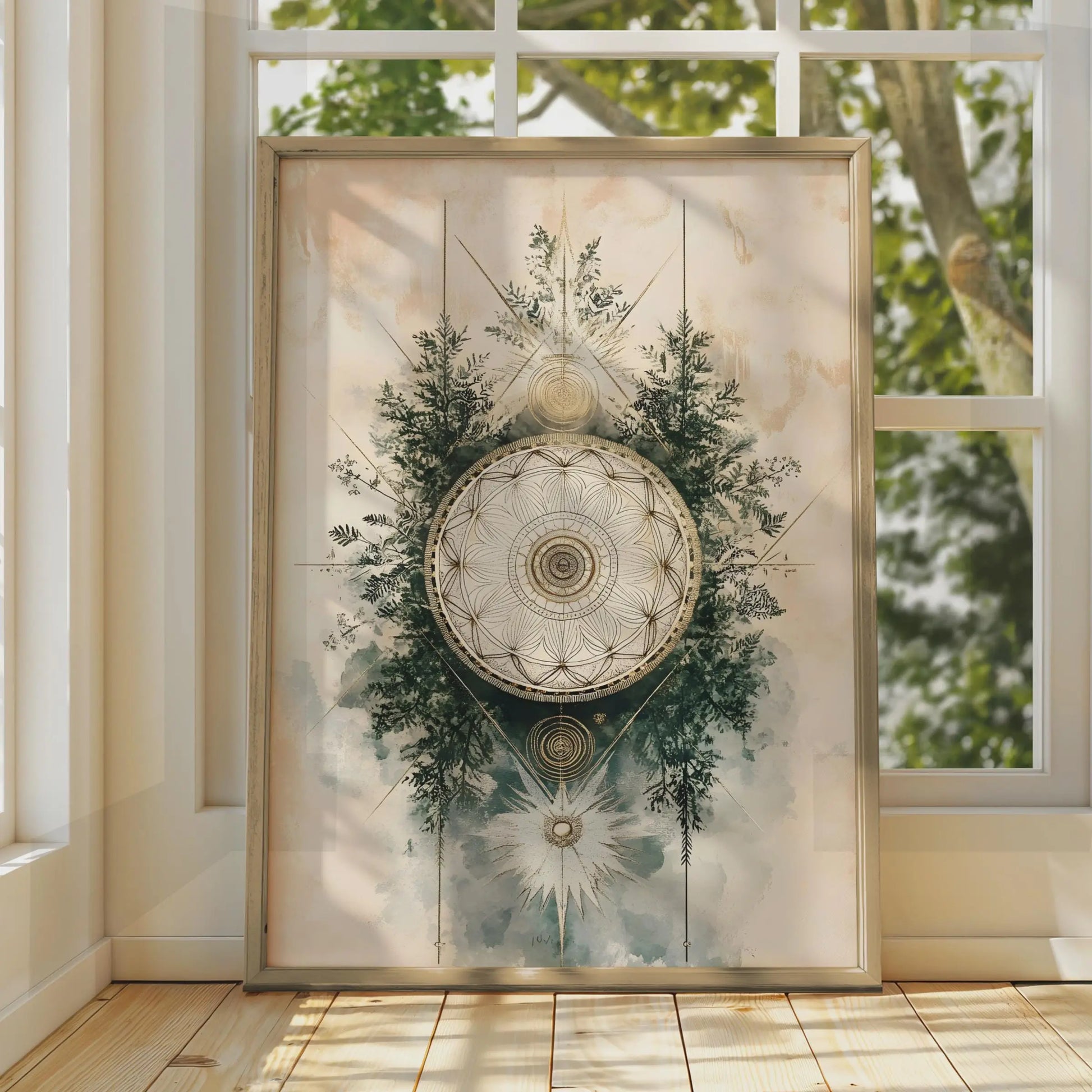 Boho Floral Mandala Wall Art, Ethereal Geometric Decor, Minimalist Poster for Home & Office wall art print