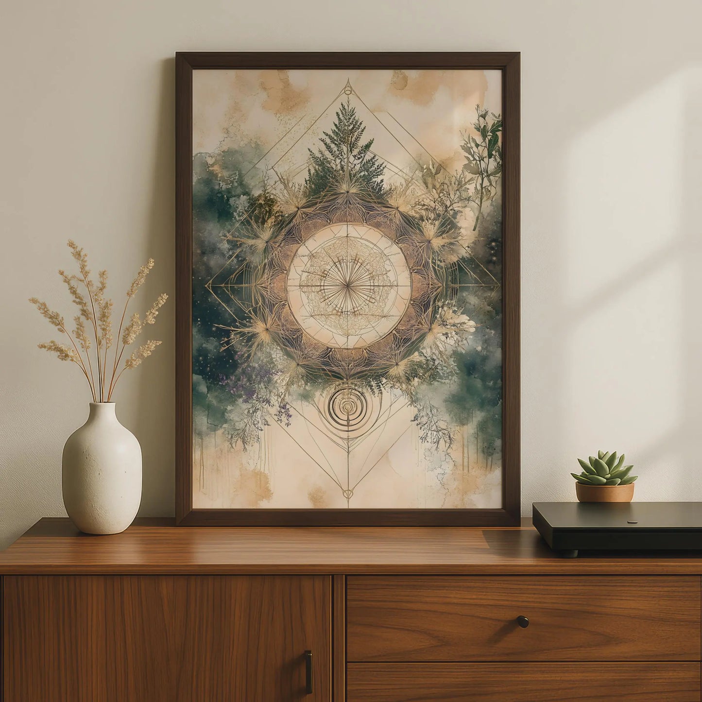 Boho Sacred Geometry Poster, Botanical Mandala Wall Art, Earthy Mystical Print wall art print