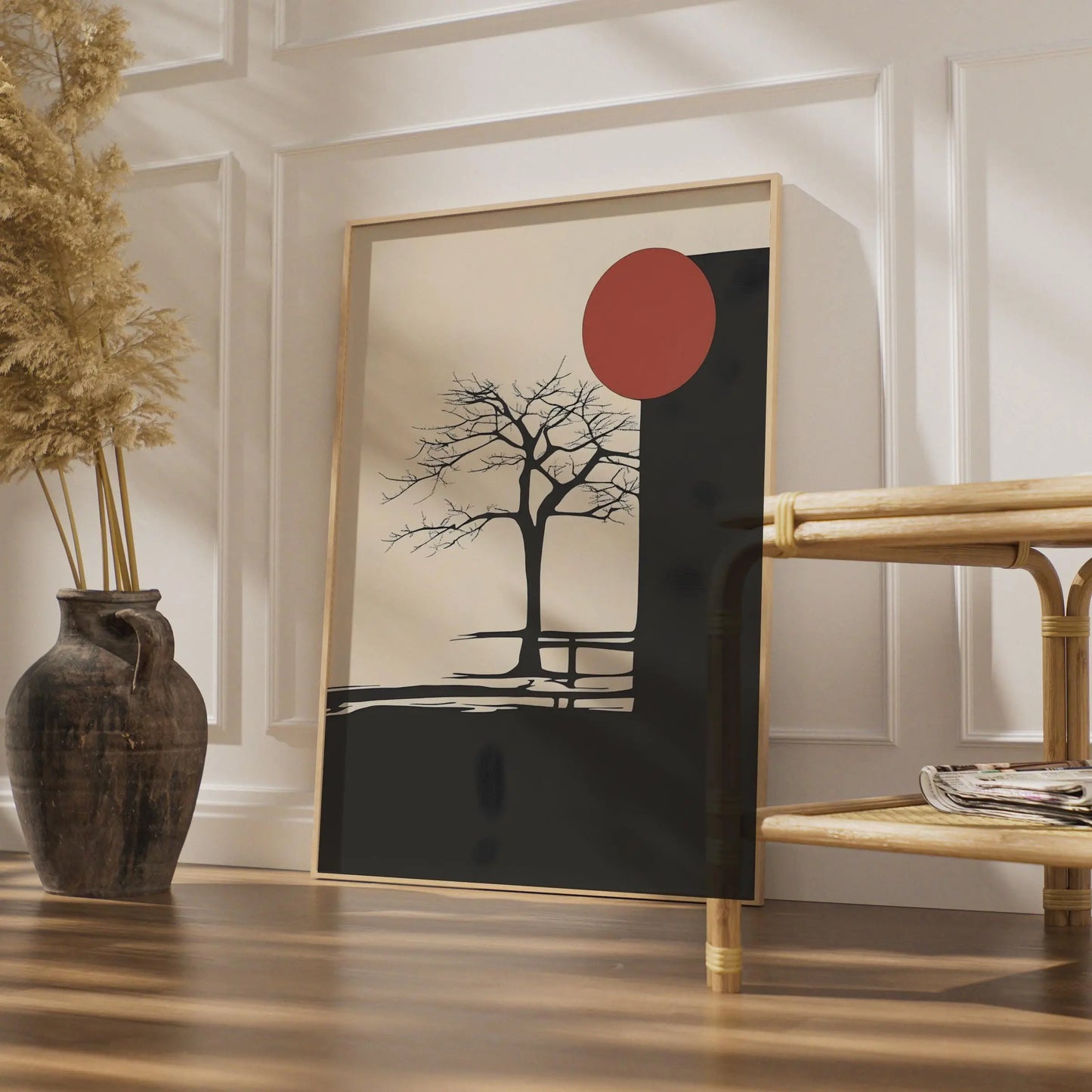 Minimalist Boho Tree Art Print, Abstract Nature Poster, Black Red Sun Wall Art wall art print