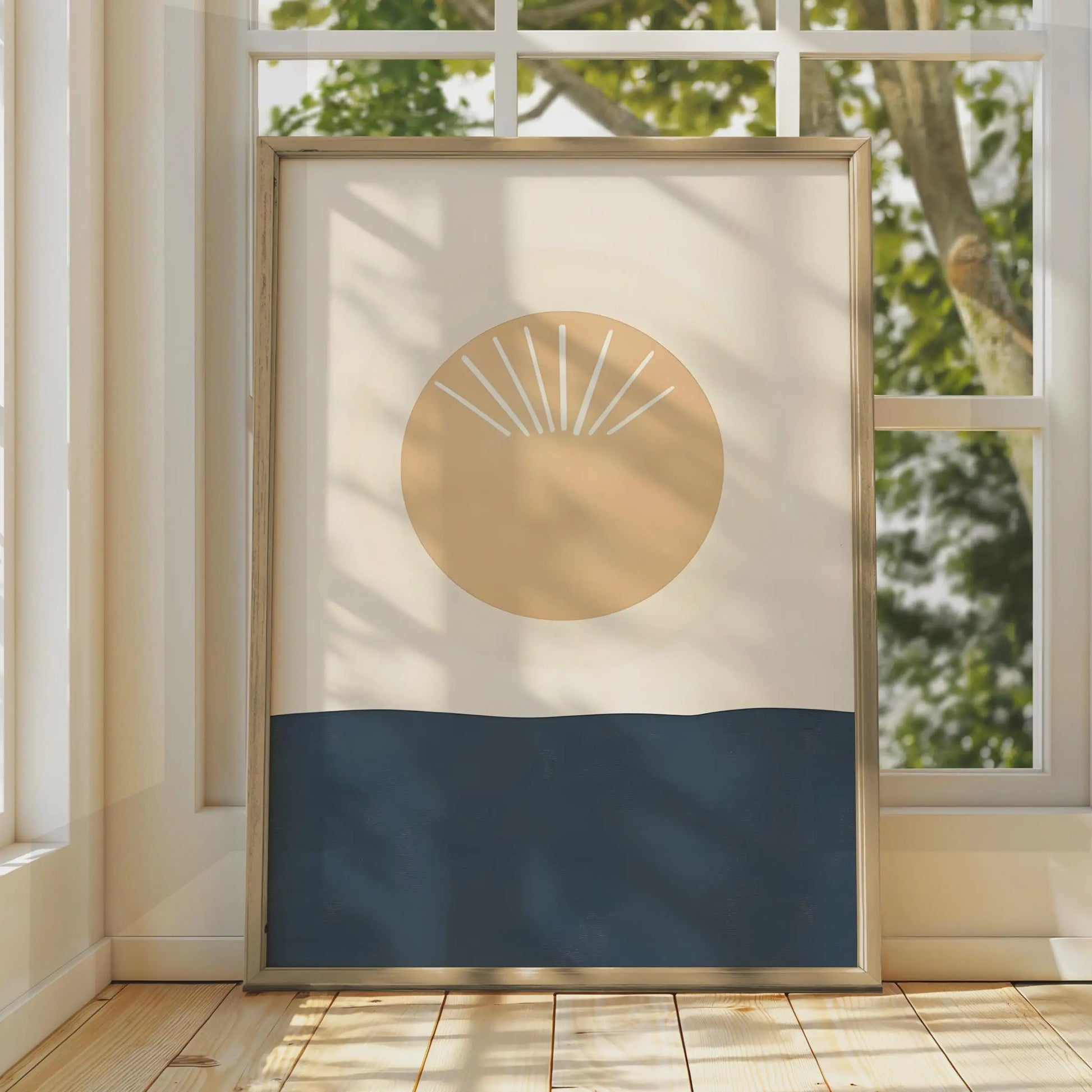 Minimalist Boho Sun Print, Beige Navy Abstract Scandinavian Poster wall art print