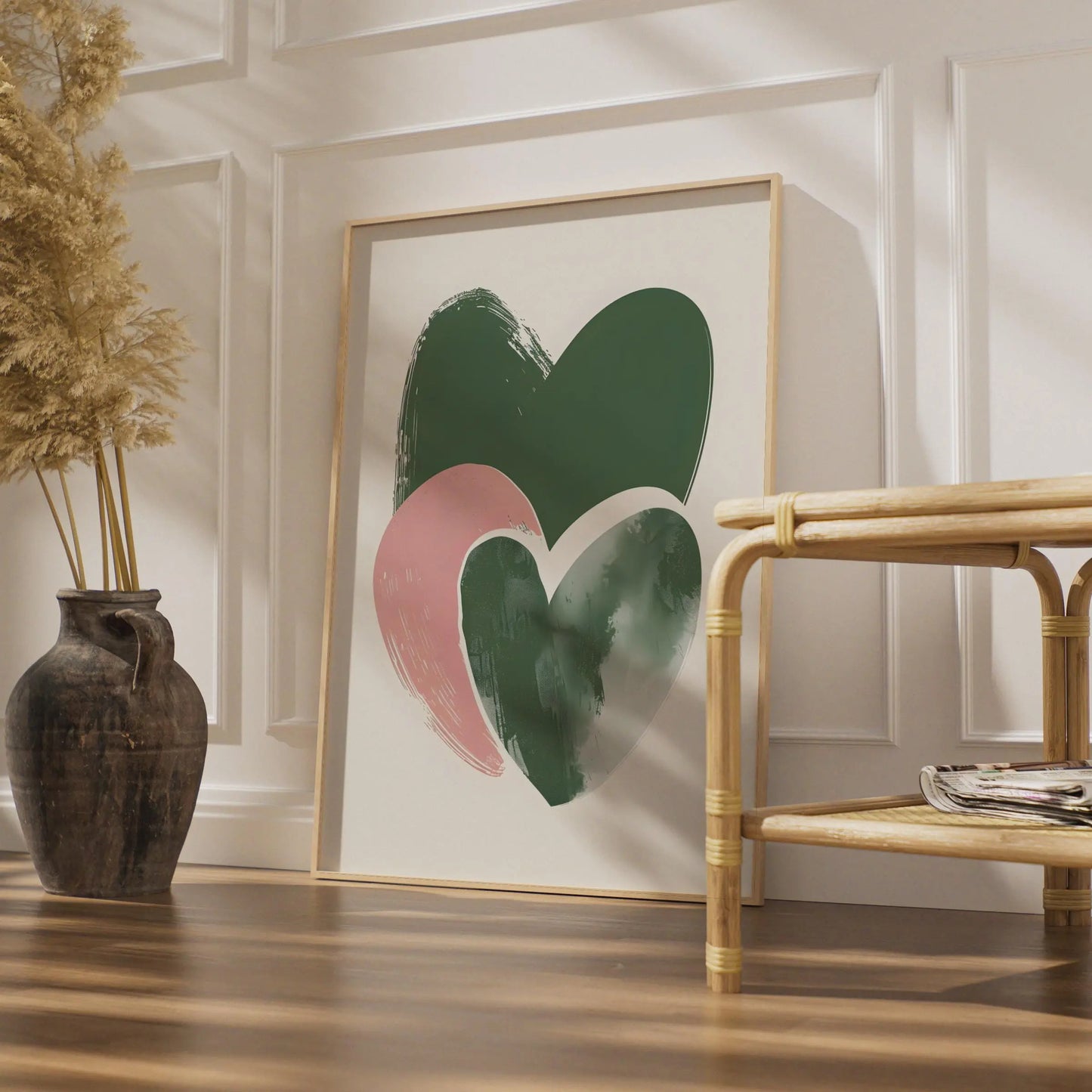 Boho Heart Wall Art, Abstract Modern Poster, Green and Pink Hearts, Minimalist Home Decor wall art print