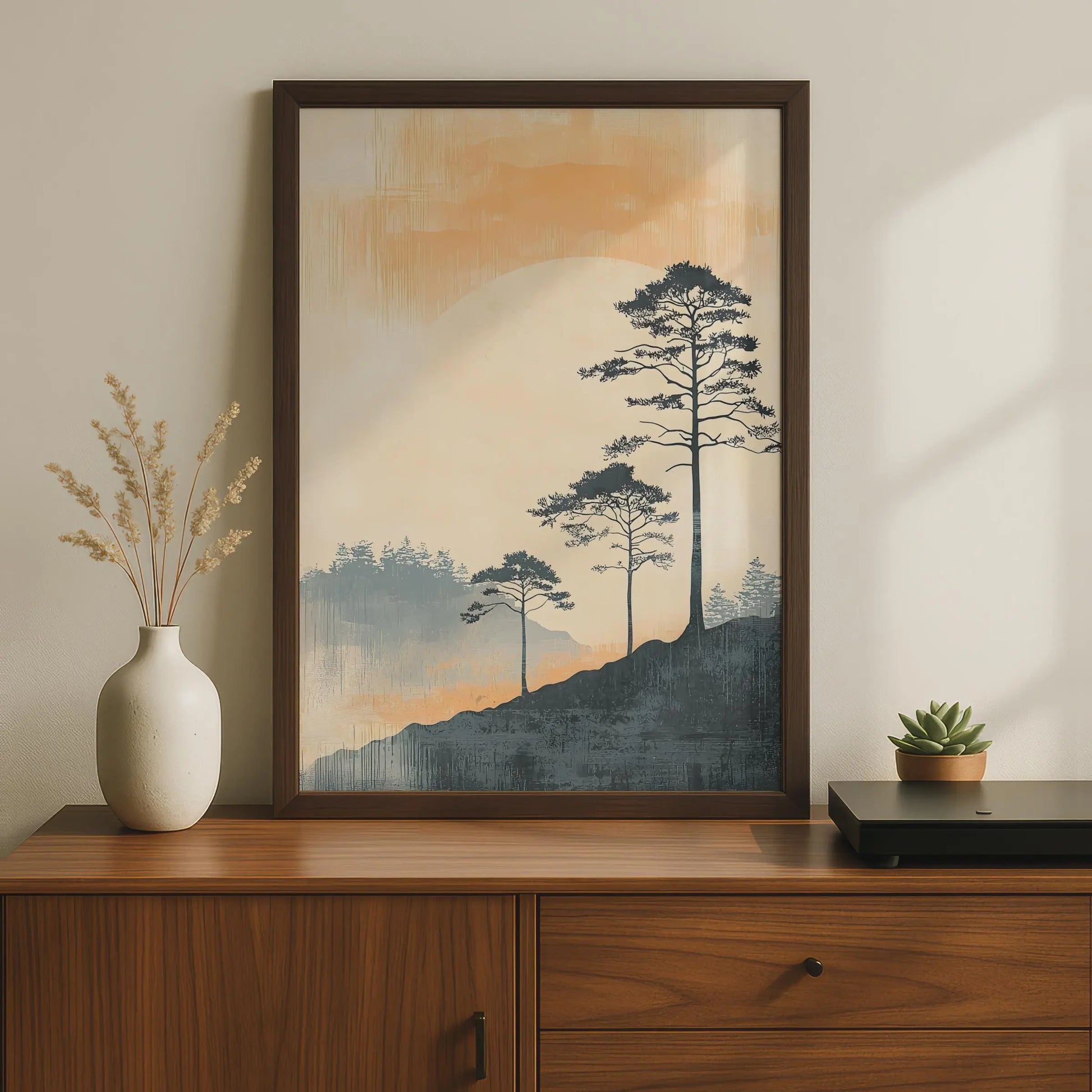 Boho Style Landscape Art Print, Minimalist Mountain Poster, Nature Wall Decor, Pine Trees Artwork wall art print