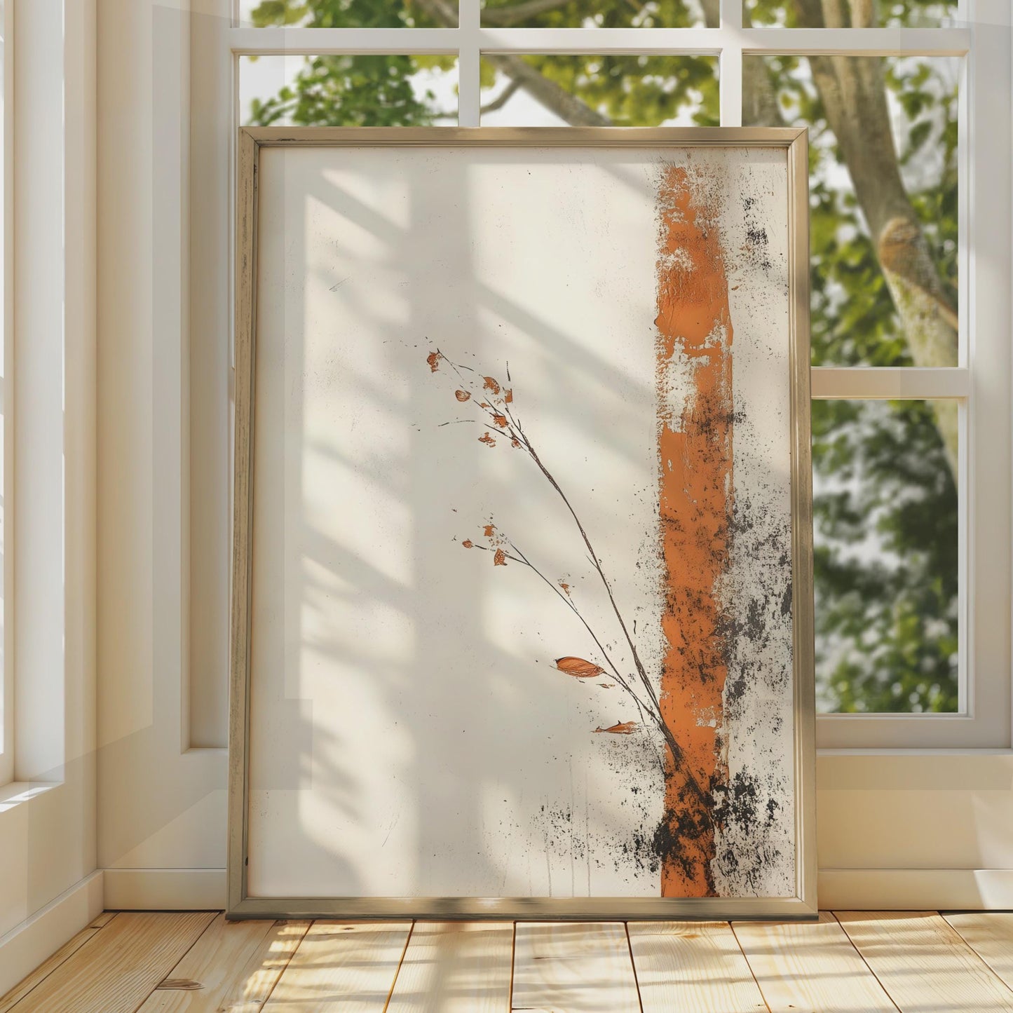 Boho Minimalist Floral Wall Art, Earthy Orange Print, Modern Botanical Decor, Living Room Artwork wall art print