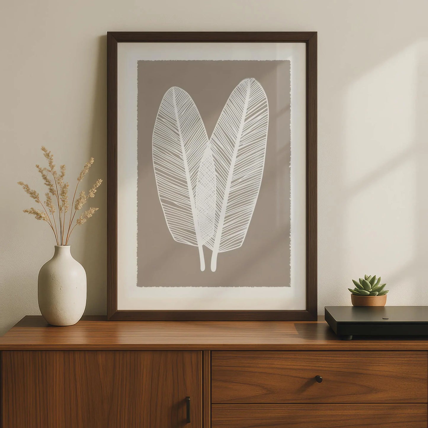 Boho Leaf Wall Art, Minimalist Nature Poster, White Feather Leaves, Earthy Brown Decor, Gallery wall art print
