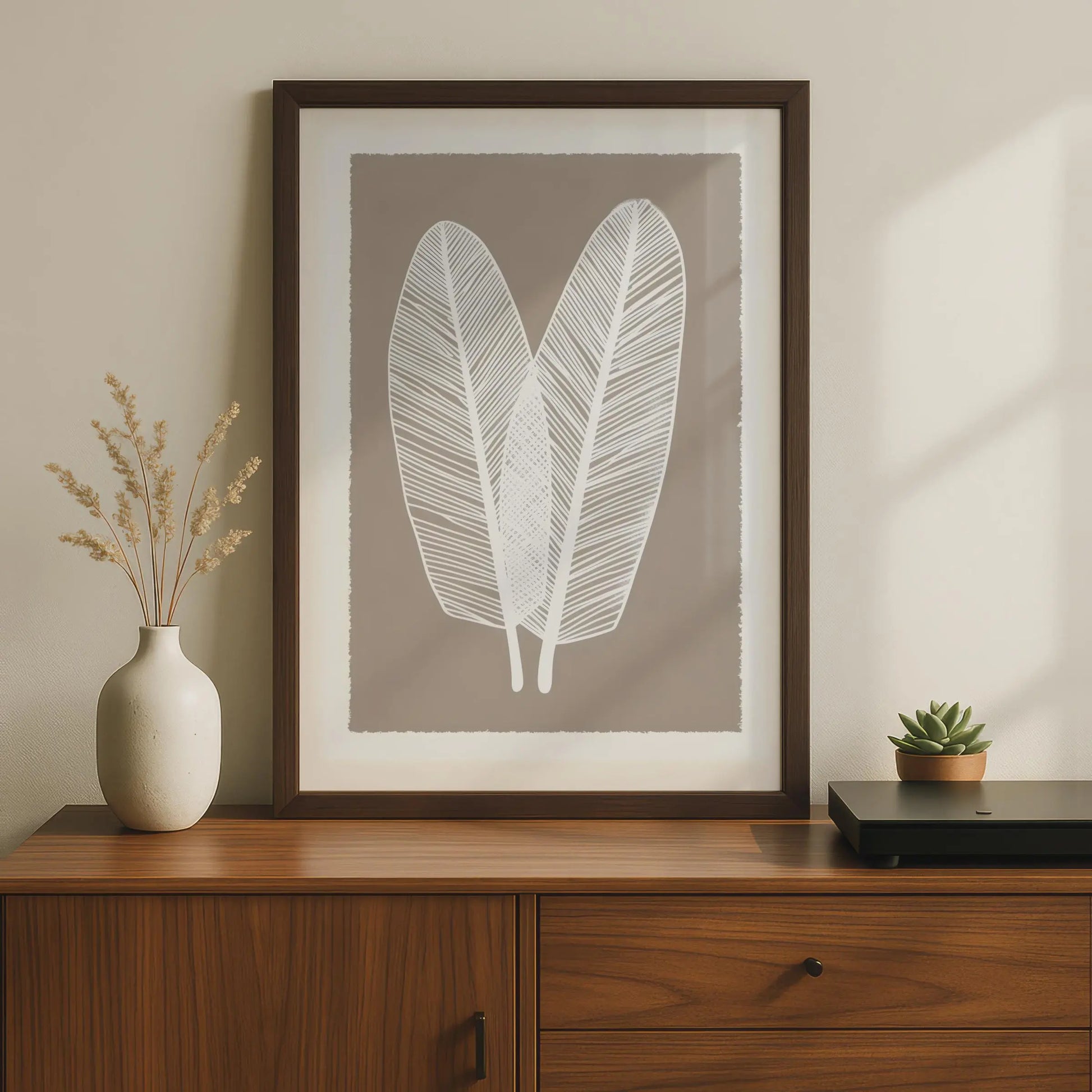 Boho Leaf Wall Art, Minimalist Nature Poster, White Feather Leaves, Earthy Brown Decor, Gallery wall art print