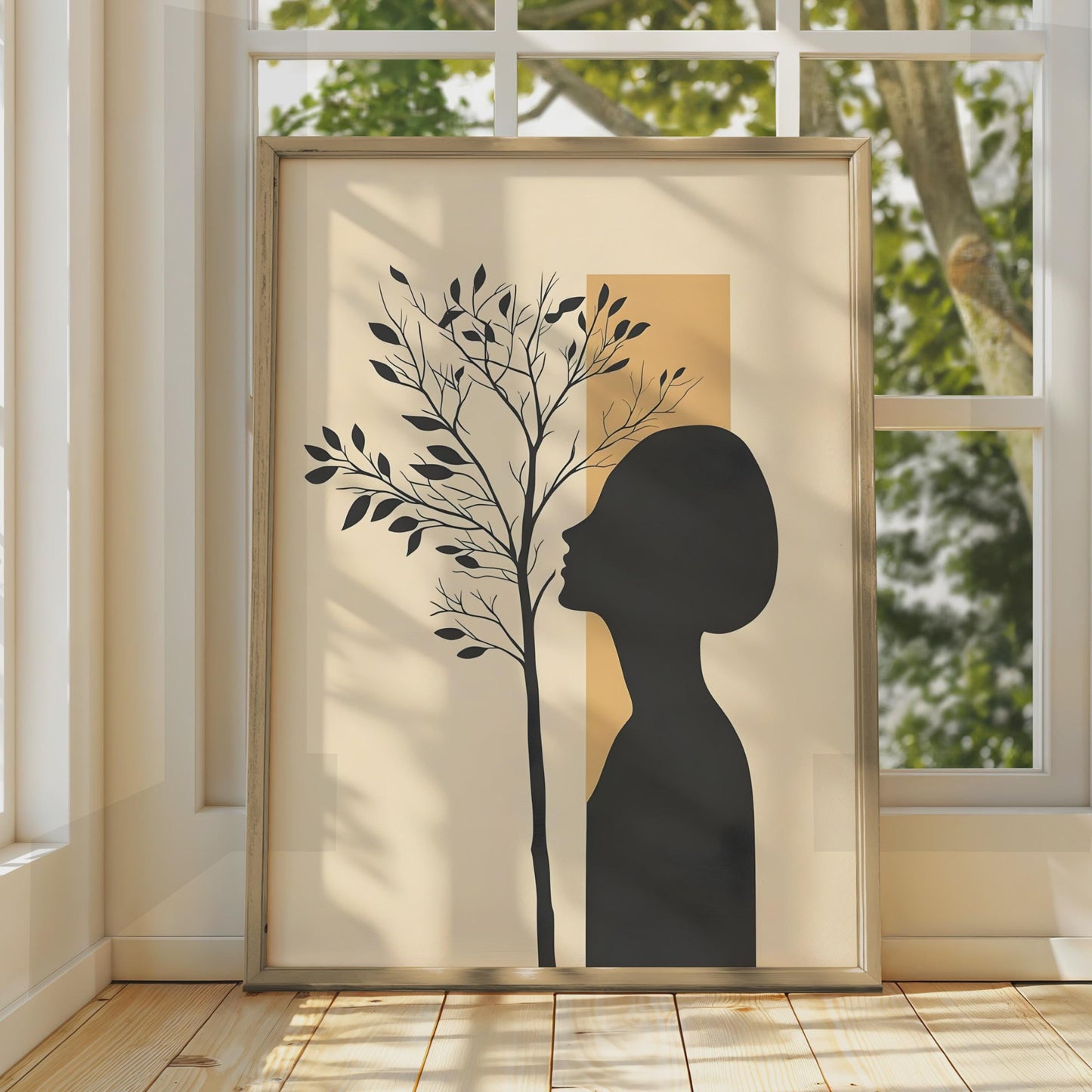 Boho Woman Silhouette Tree Art Print, Minimalist Neutral Wall Decor wall art print