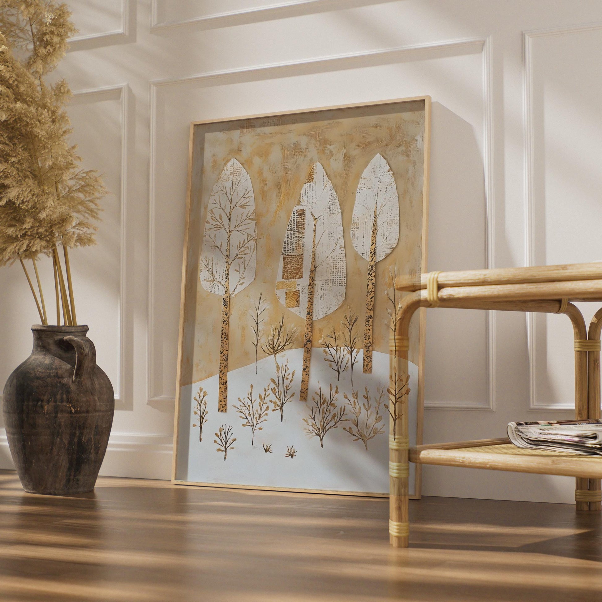 Boho Tree Wall Art, Abstract Nature Print, Gold White Beige Decor wall art print