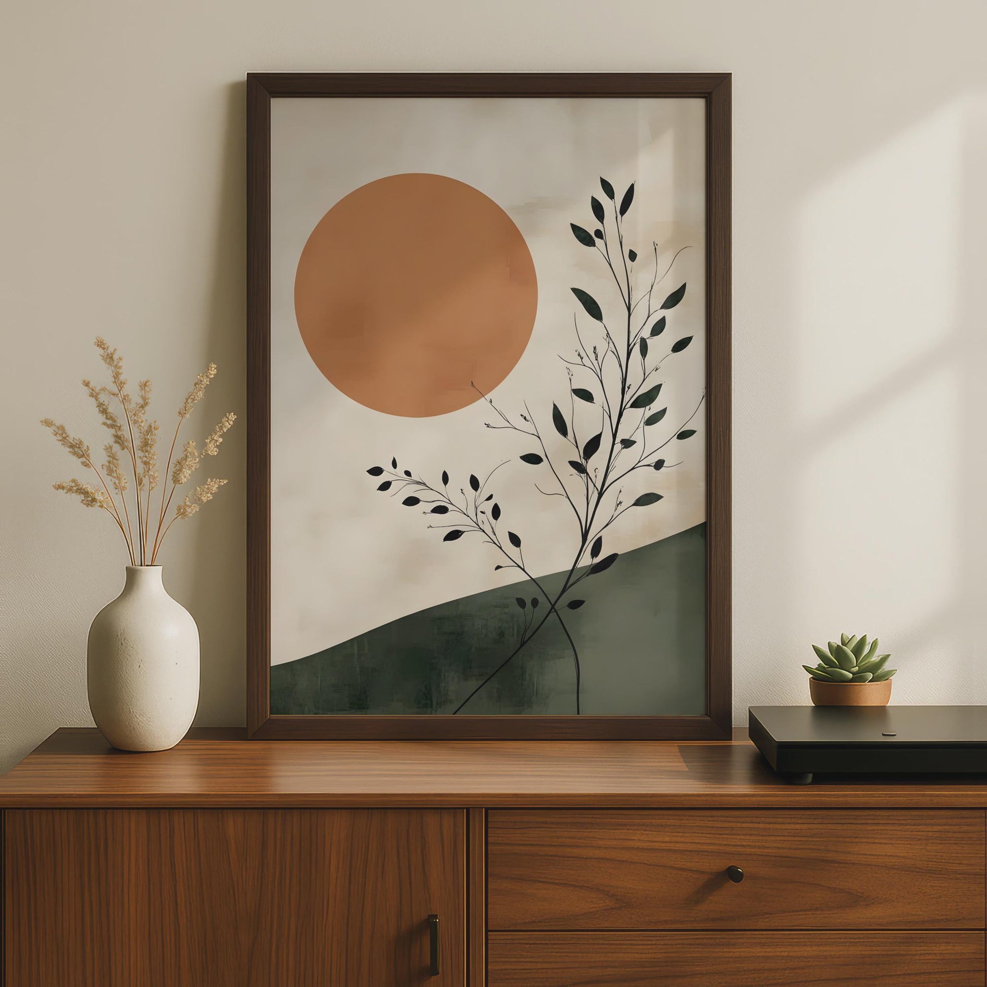 Boho Sun and Black Leaves Art Print, Warm Toned Nature Wall Decor wall art print