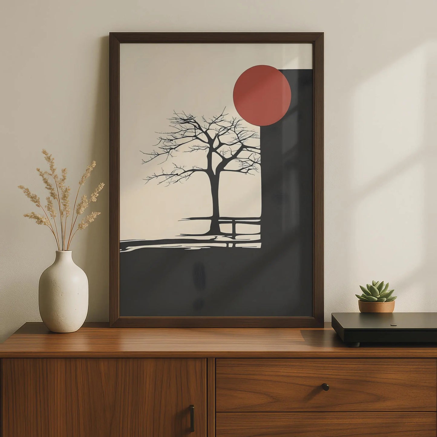 Minimalist Boho Tree Art Print, Abstract Nature Poster, Black Red Sun Wall Art wall art print