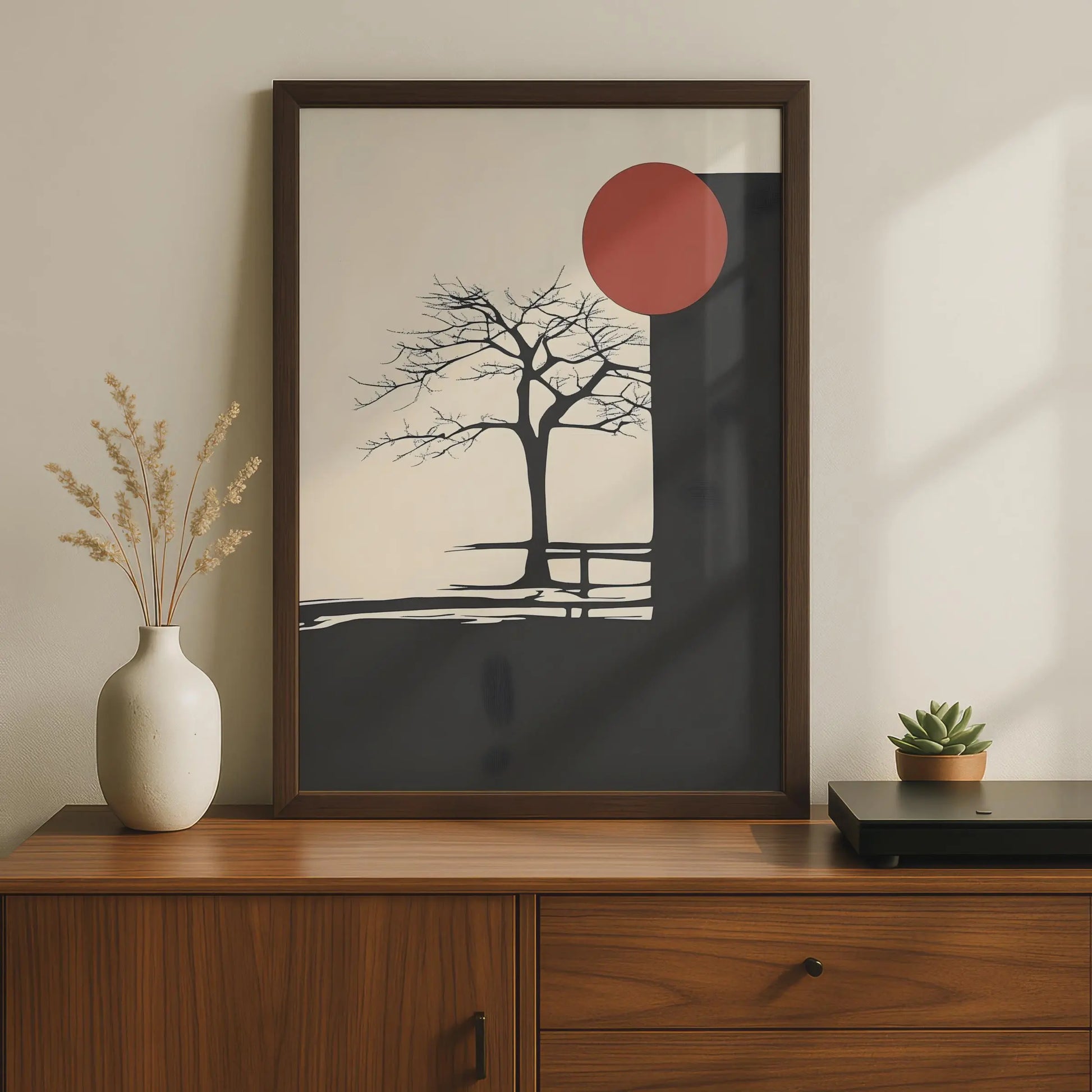 Minimalist Boho Tree Art Print, Abstract Nature Poster, Black Red Sun Wall Art wall art print