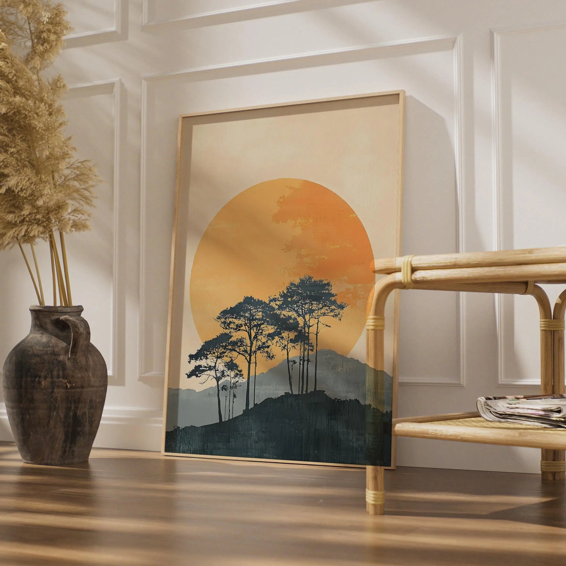 Minimalist Sun Trees Landscape Print, Boho Nature Wall Art wall art print