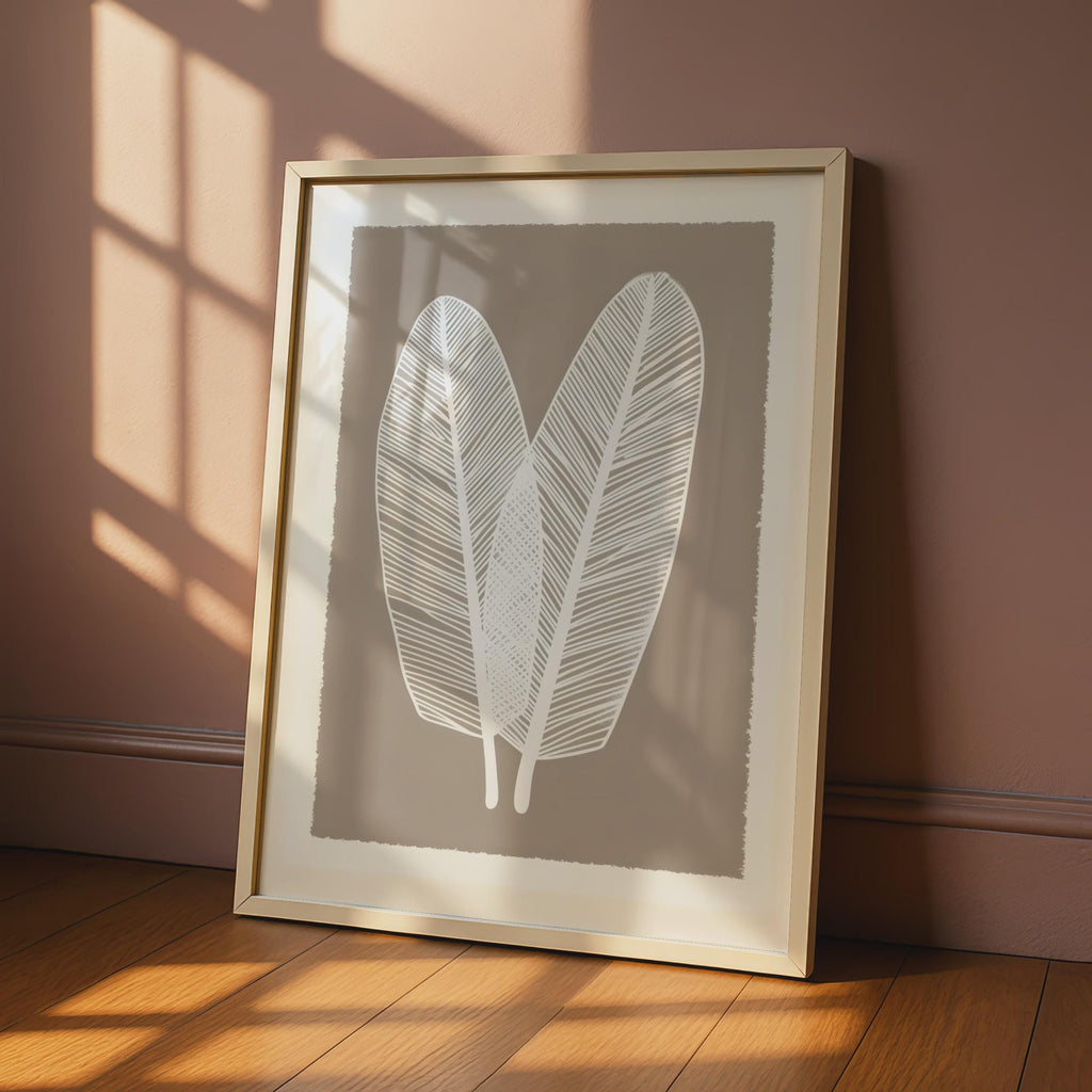 Boho Leaf Wall Art, Minimalist Nature Poster, White Feather Leaves, Earthy Brown Decor, Gallery wall art print