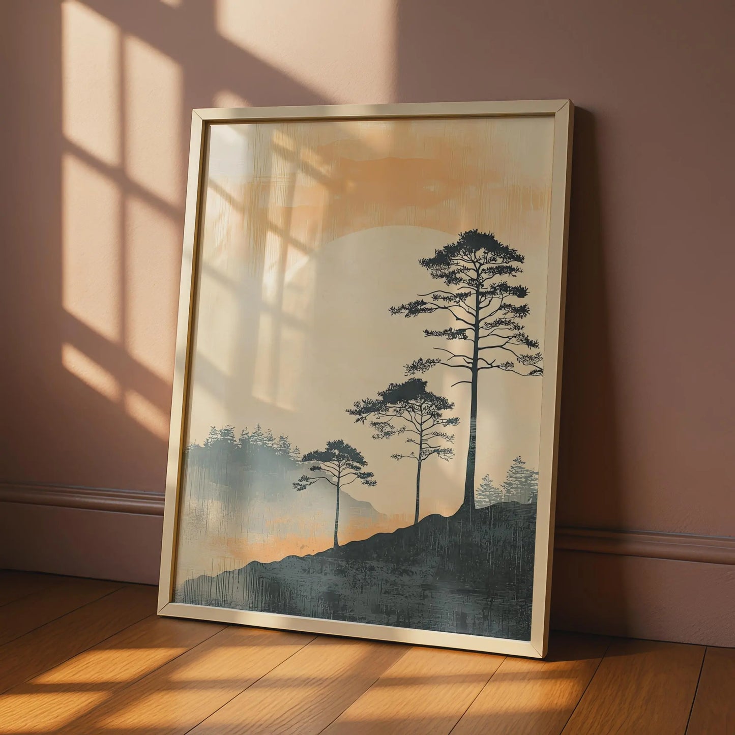 Boho Style Landscape Art Print, Minimalist Mountain Poster, Nature Wall Decor, Pine Trees Artwork wall art print