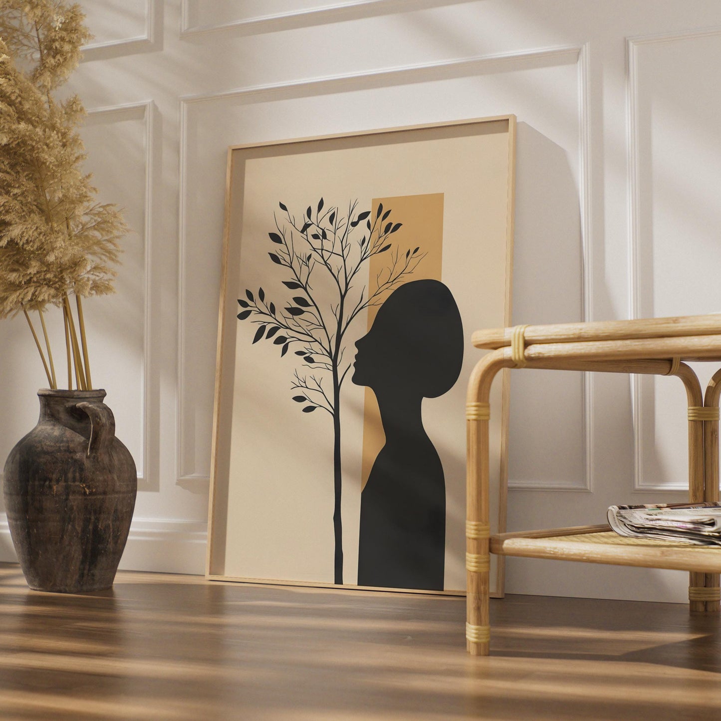 Boho Woman Silhouette Tree Art Print, Minimalist Neutral Wall Decor wall art print