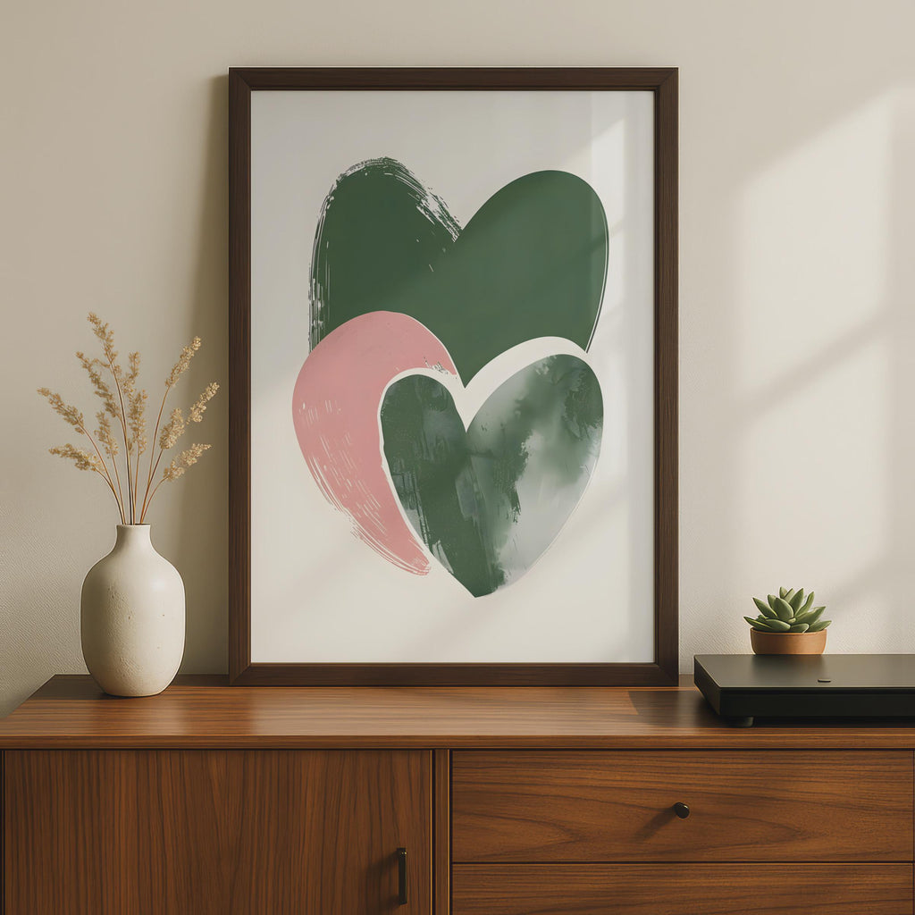 Boho Heart Wall Art, Abstract Modern Poster, Green and Pink Hearts, Minimalist Home Decor wall art print