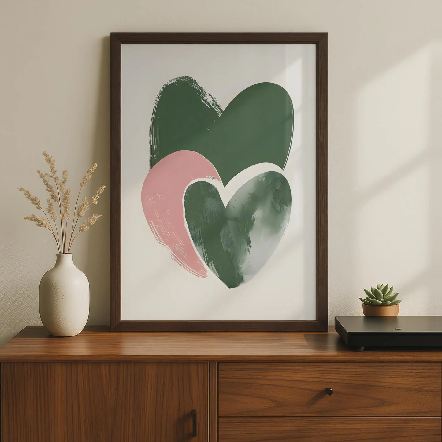 Boho Heart Wall Art, Abstract Modern Poster, Green and Pink Hearts, Minimalist Home Decor wall art print