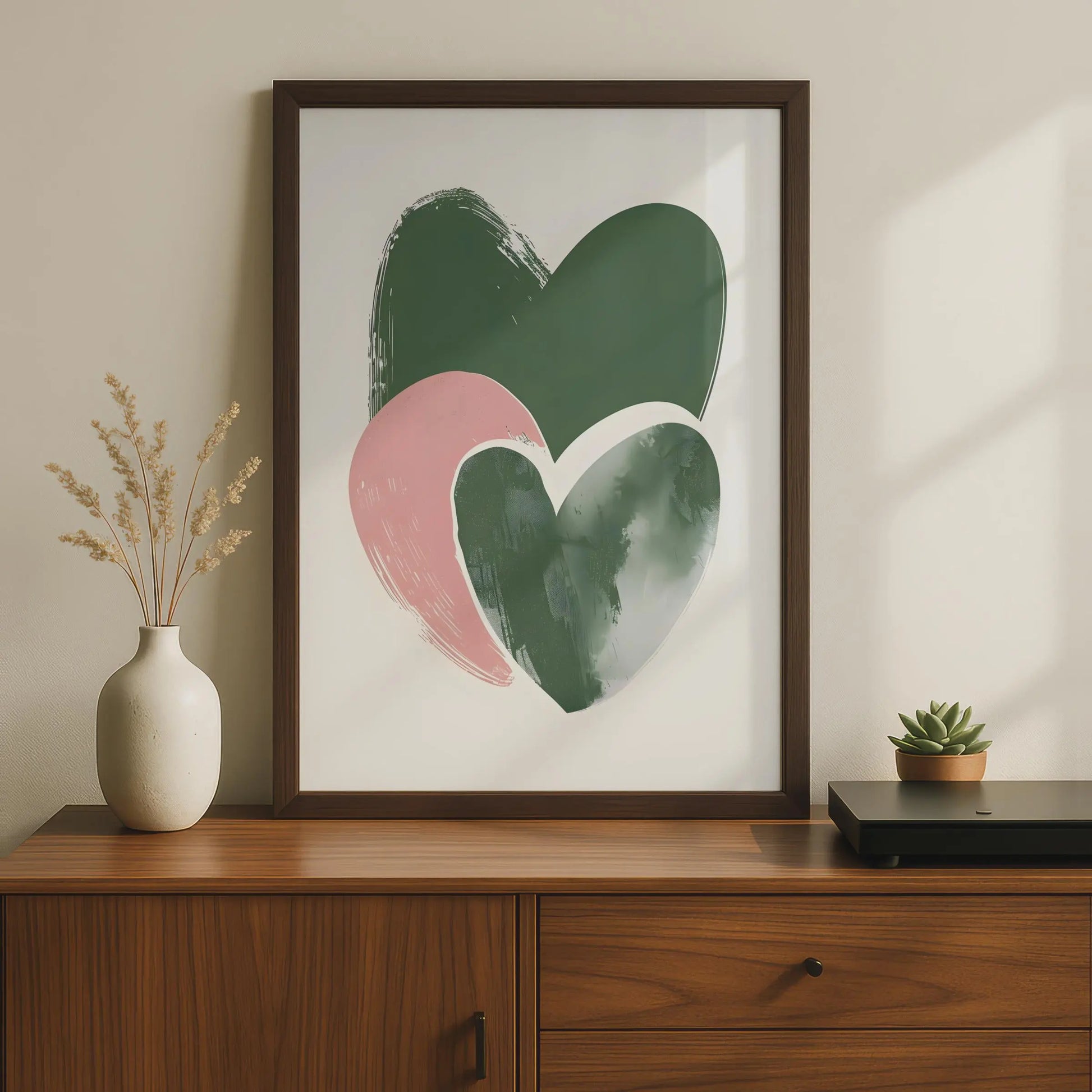 Boho Heart Wall Art, Abstract Modern Poster, Green and Pink Hearts, Minimalist Home Decor wall art print