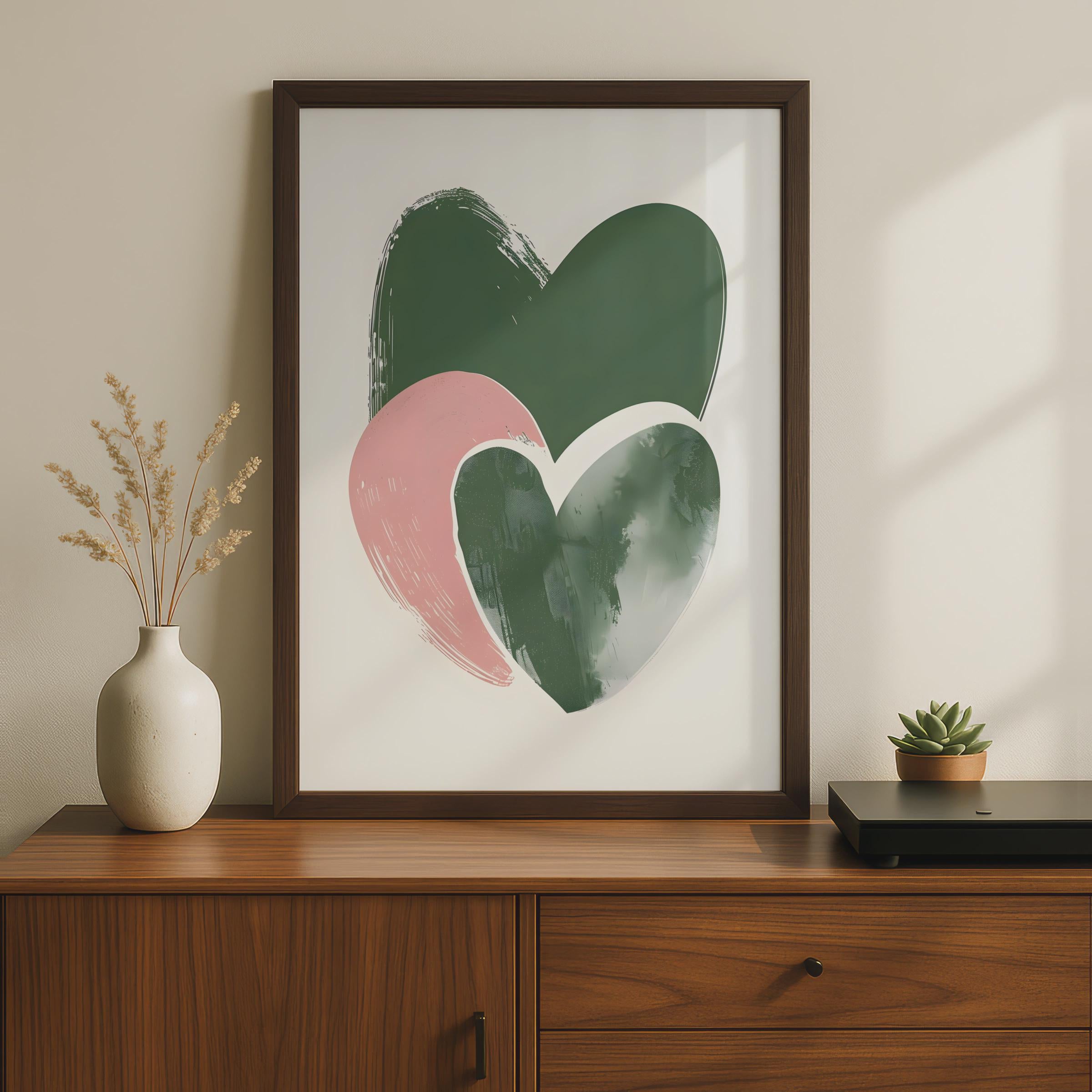 Boho Heart Wall Art, Abstract Modern Poster, Green and Pink Hearts, Minimalist Home Decor wall art print