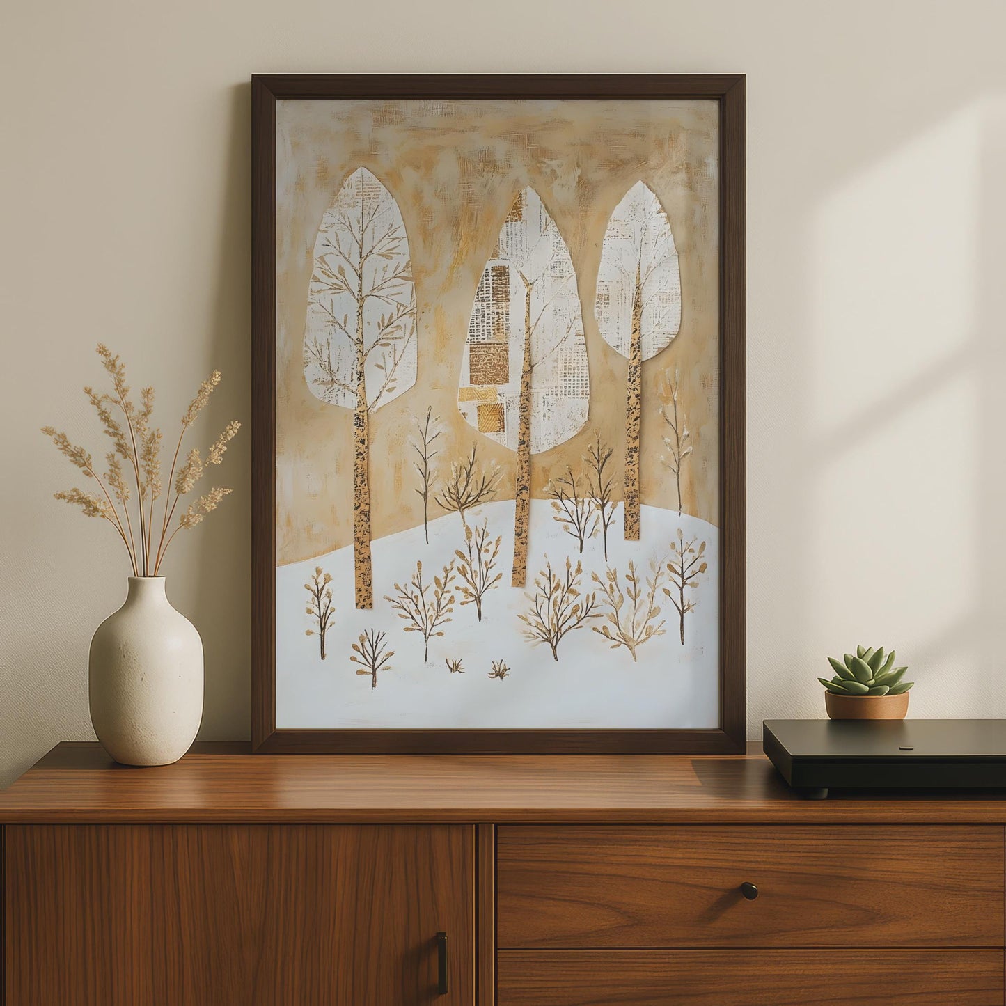 Boho Tree Wall Art, Abstract Nature Print, Gold White Beige Decor wall art print