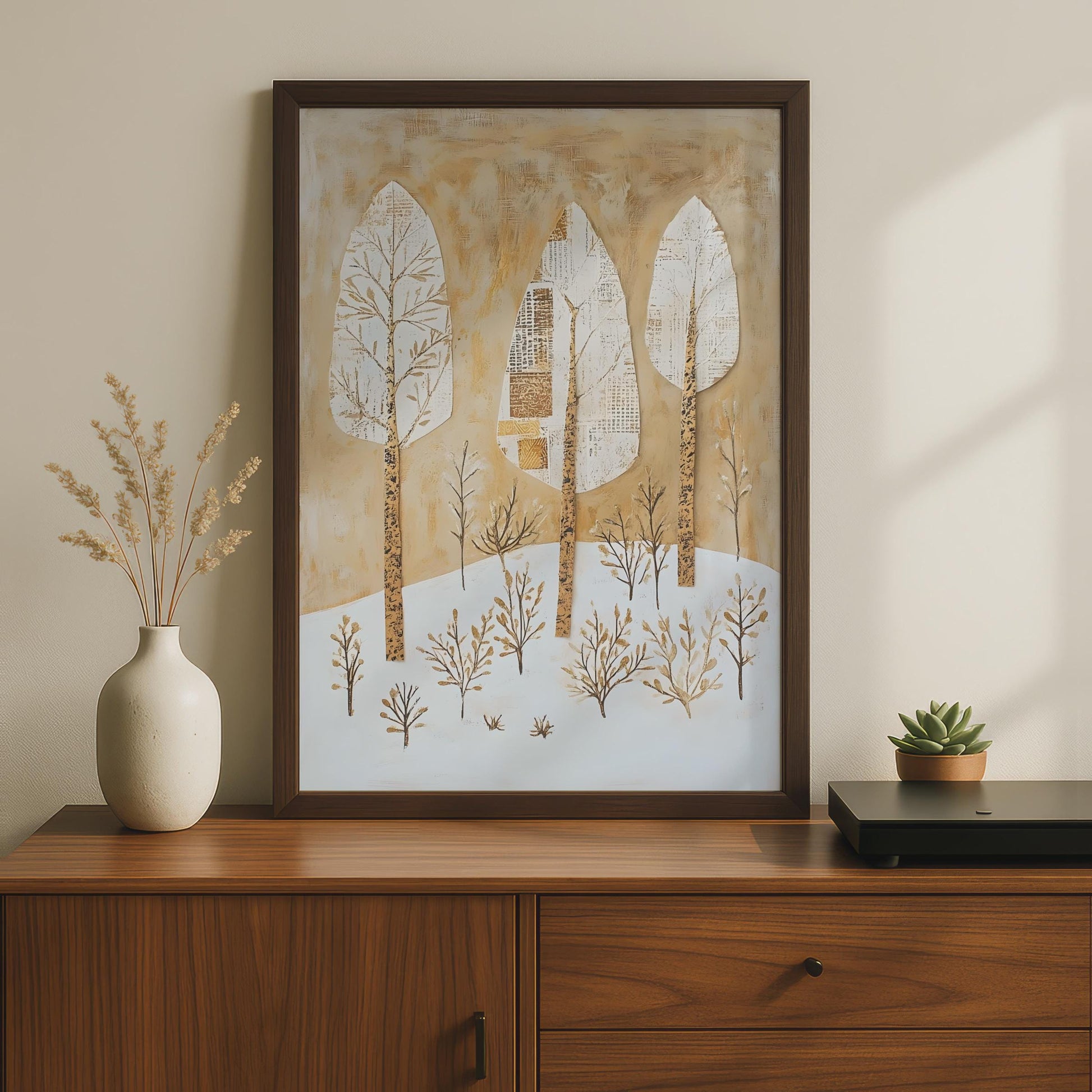 Boho Tree Wall Art, Abstract Nature Print, Gold White Beige Decor wall art print