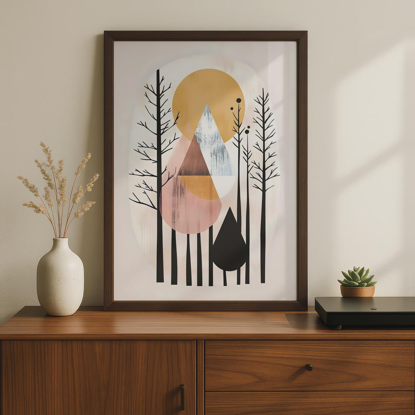 Boho Abstract Forest Art Print, Geometric Mountain Poster, Minimalist Wall Decor, Nature Inspired wall art print