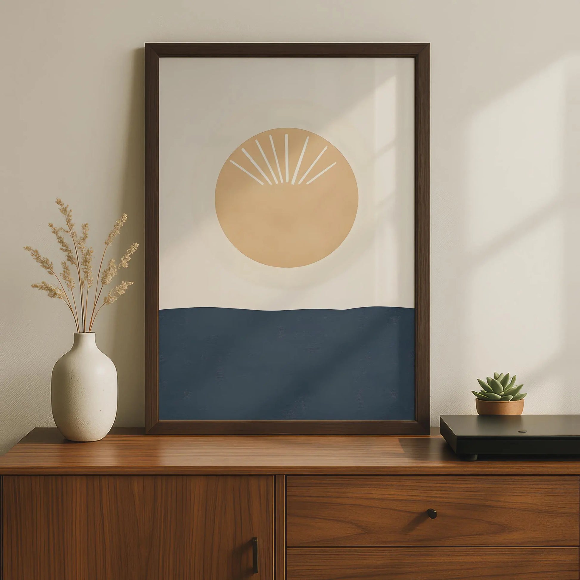 Minimalist Boho Sun Print, Beige Navy Abstract Scandinavian Poster wall art print