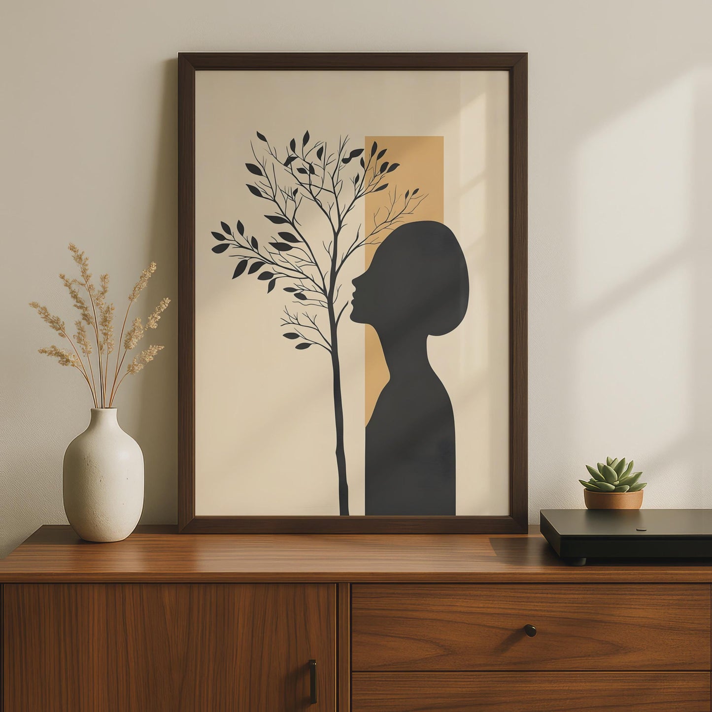Boho Woman Silhouette Tree Art Print, Minimalist Neutral Wall Decor wall art print