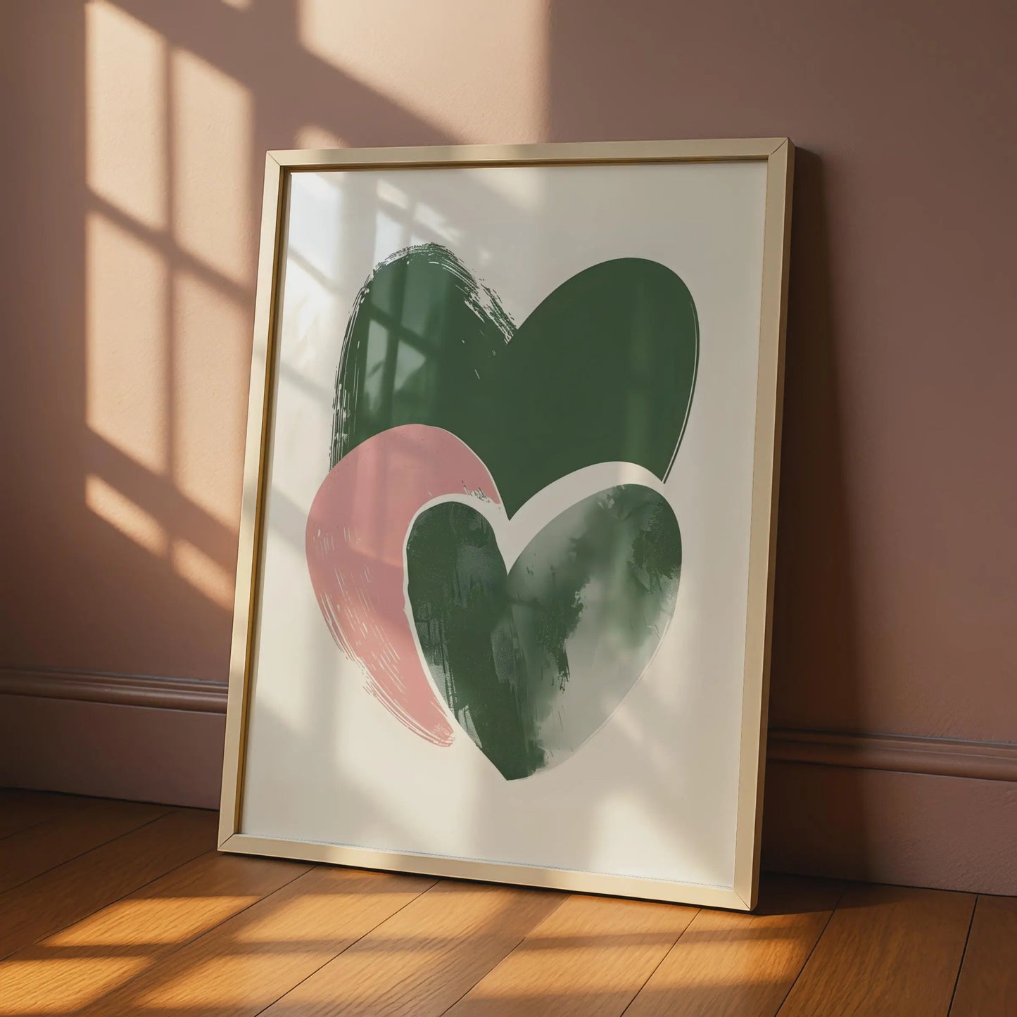 Boho Heart Wall Art, Abstract Modern Poster, Green and Pink Hearts, Minimalist Home Decor wall art print
