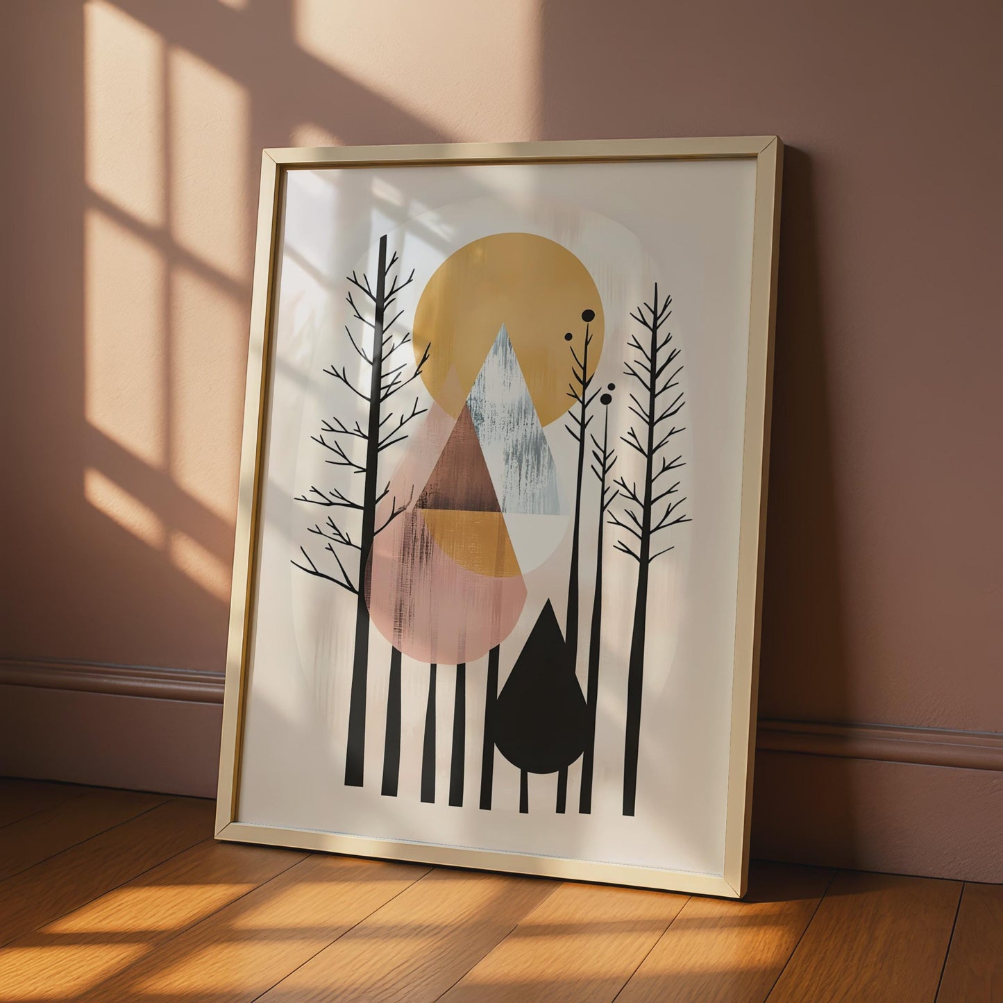 Boho Abstract Forest Art Print, Geometric Mountain Poster, Minimalist Wall Decor, Nature Inspired wall art print