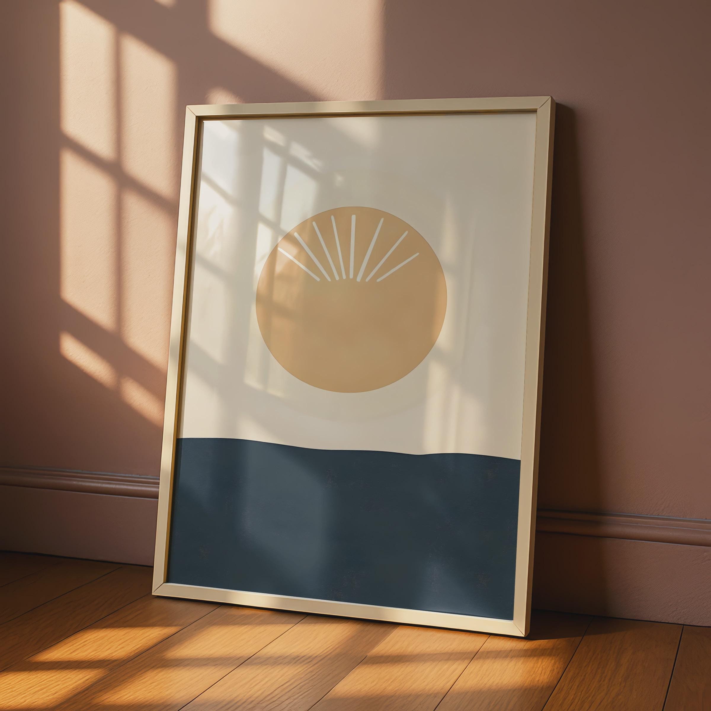 Minimalist Boho Sun Print, Beige Navy Abstract Scandinavian Poster wall art print