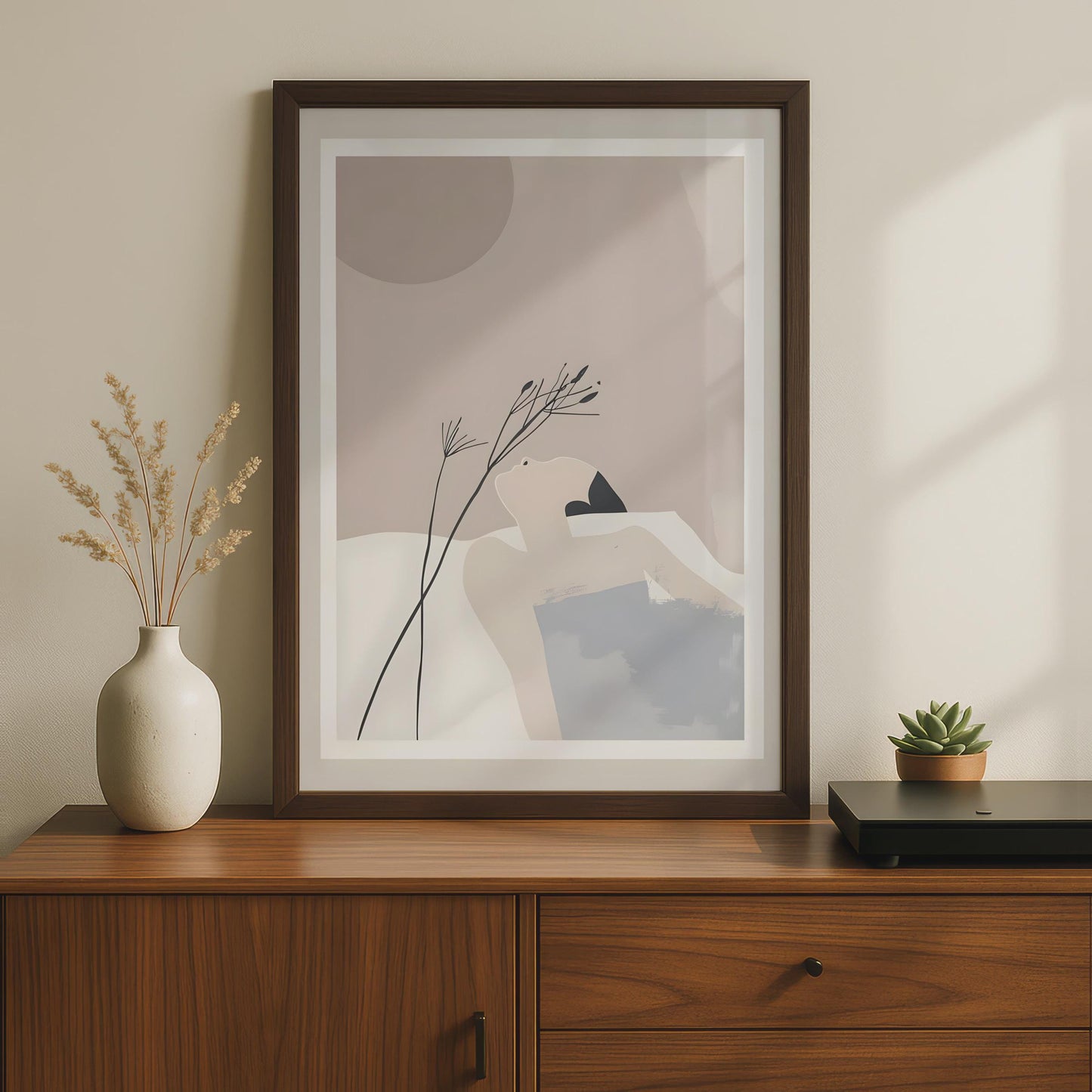Boho Woman Art Print, Abstract Botanical Wall Decor, Soft Pink Blue wall art print