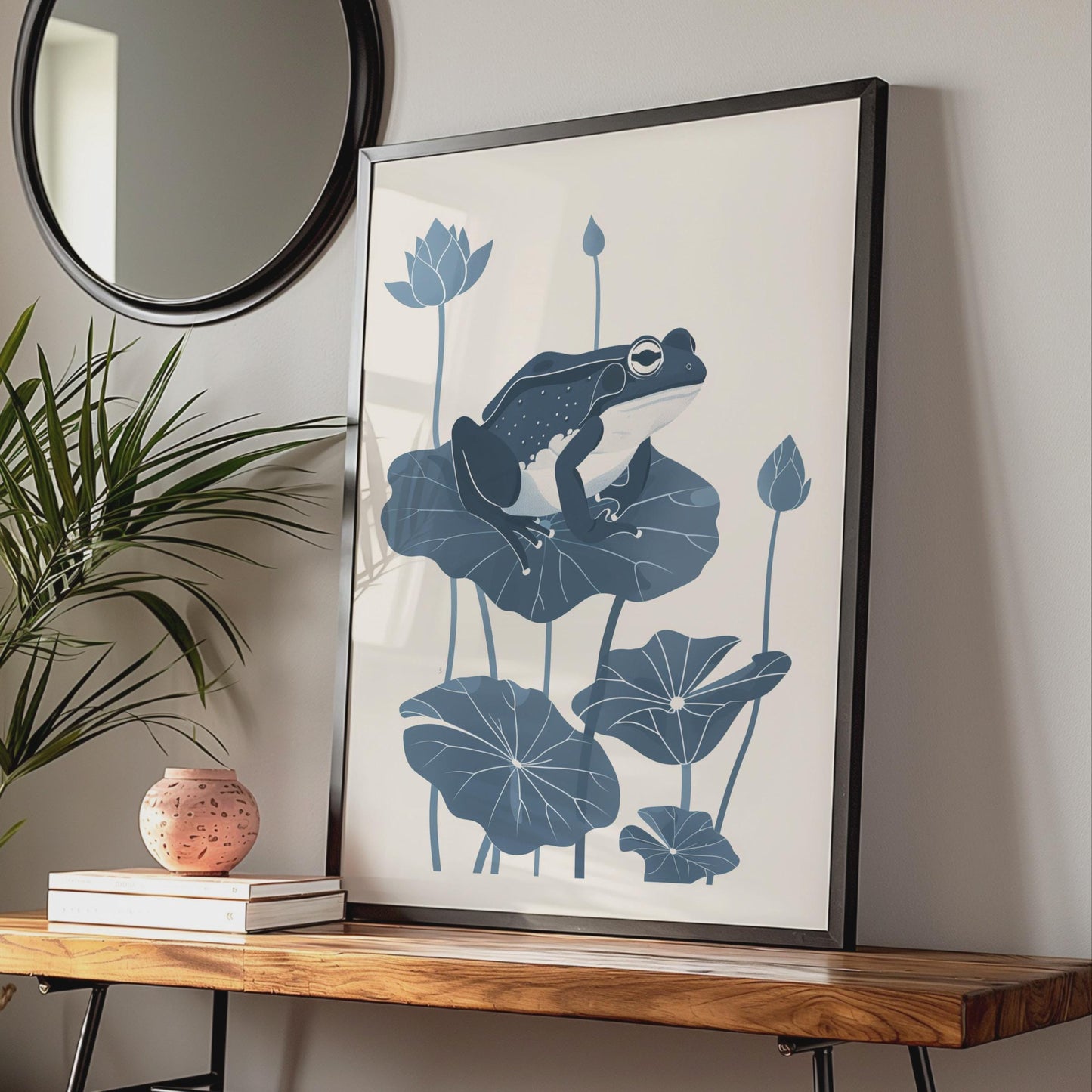 Frog on Lily Pad Poster, Navy Blue Botanical Animal Print, Minimalist Frog Wall Art wall art print